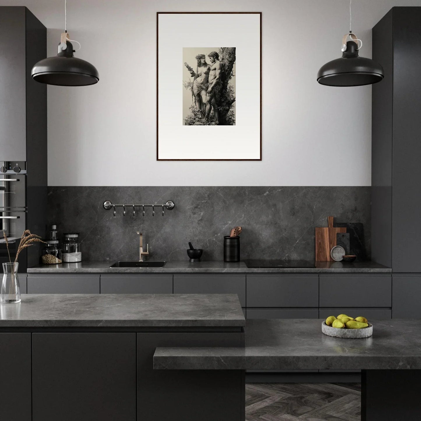 Modern dark gray kitchen with sleek cabinetry, featuring Ethereal Entwining art