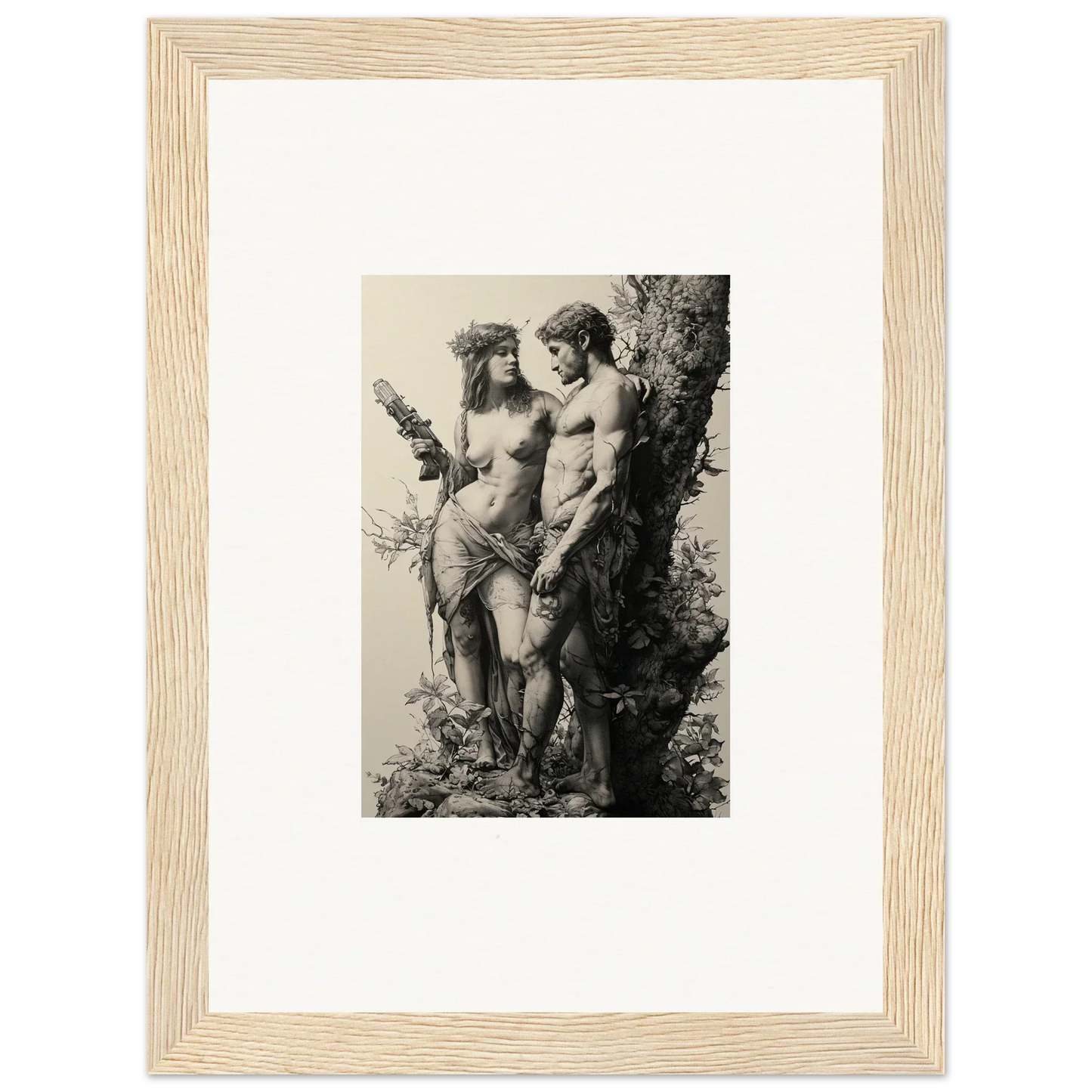 Framed black and white wall art of nude figures entwined by a tree for ethereal room decor