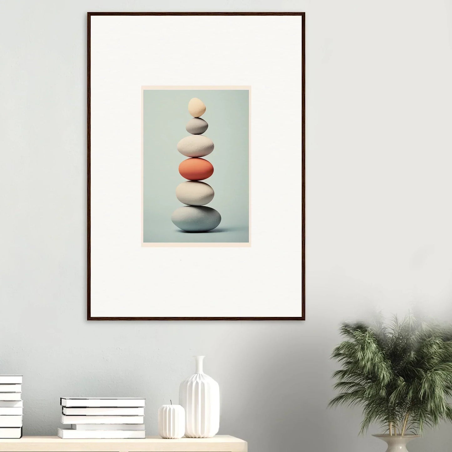 Balanced smooth stones in coral tones for Egg Wanders Reverie premium framed wall art