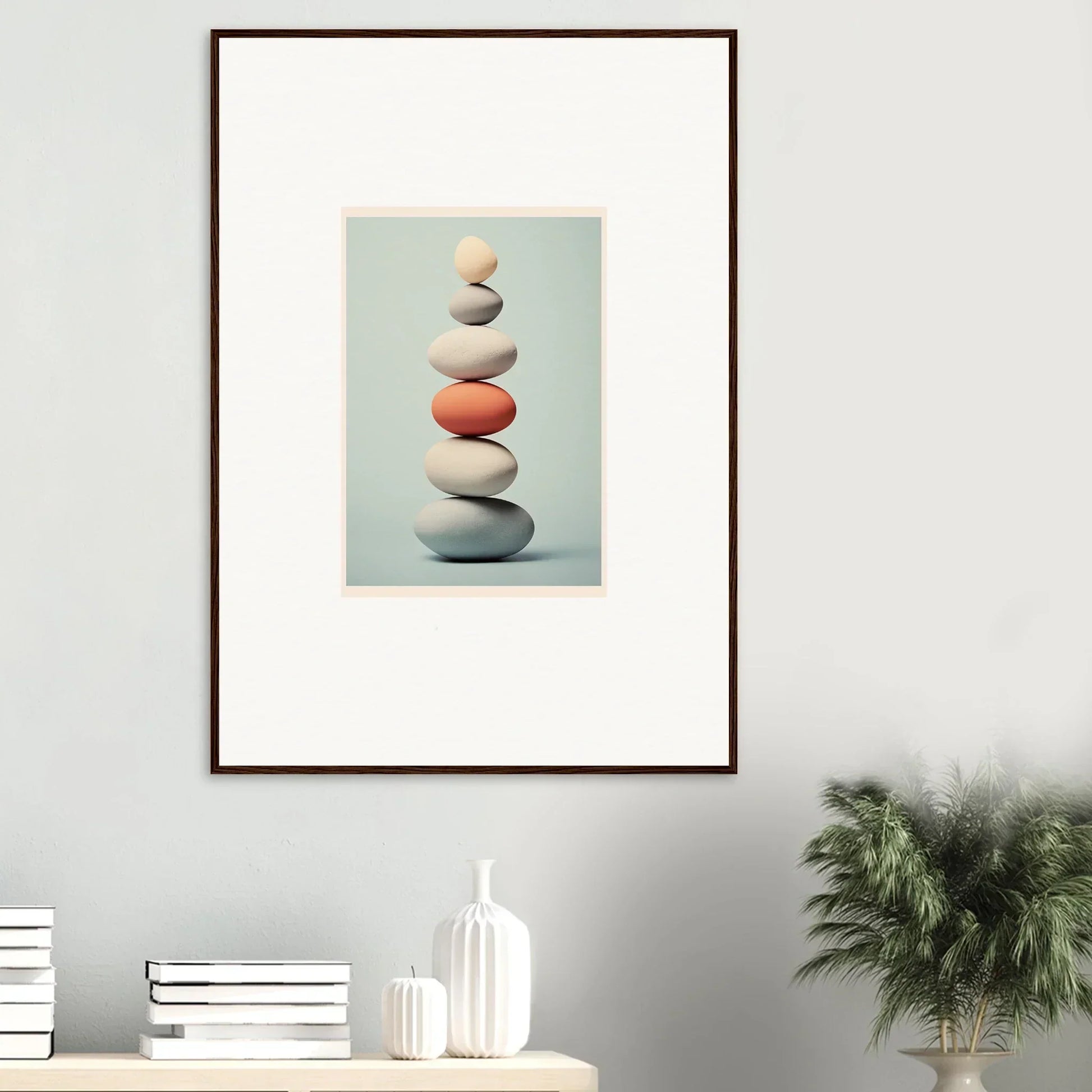 Balanced smooth stones in coral tones for Egg Wanders Reverie premium framed wall art