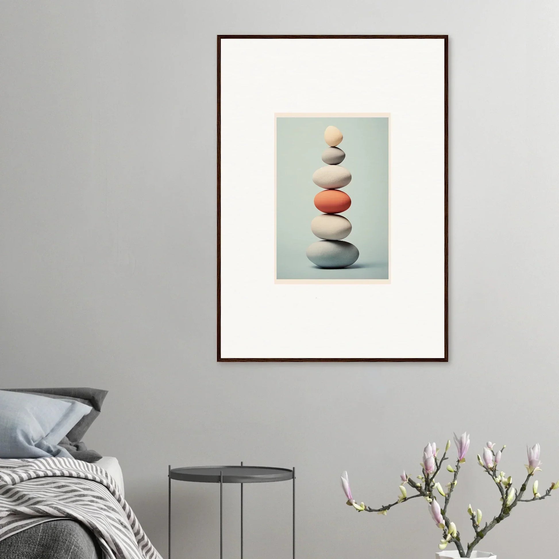 Balanced stones with a coral rock in the center from Egg Wanders Reverie special edition art