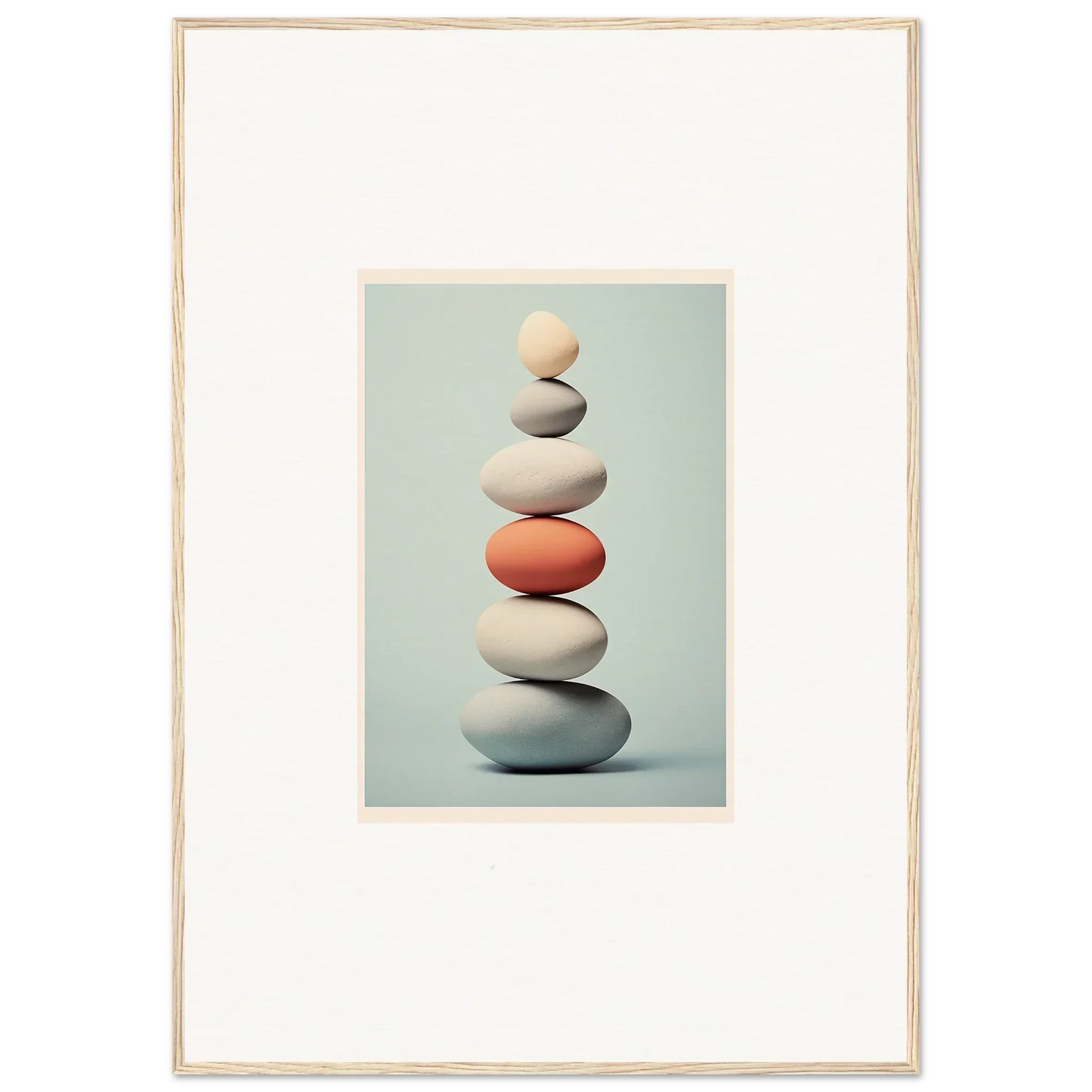 Balanced stack of smooth stones with a coral rock in the center, Egg Wanders Reverie art