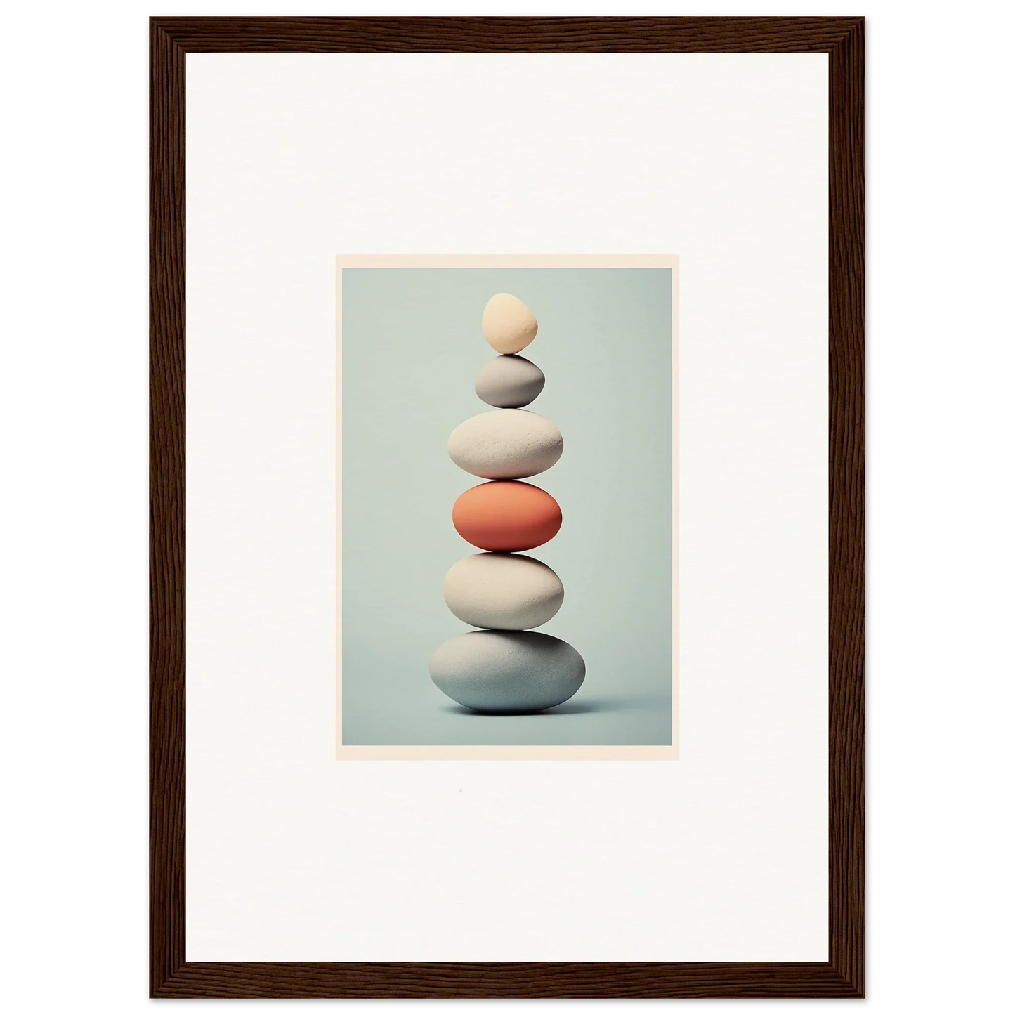 Stack of balanced stones with coral and white, featured in Egg Wanders Reverie art