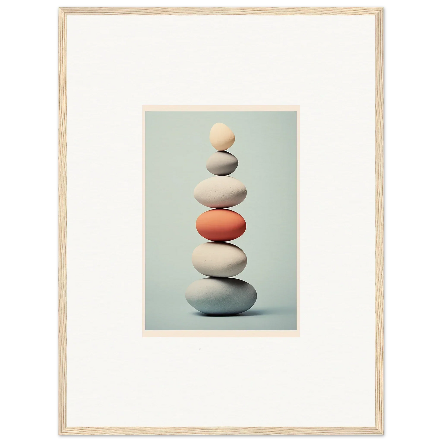 Balanced stone stack with coral rock, part of Egg Wanders Reverie special edition art