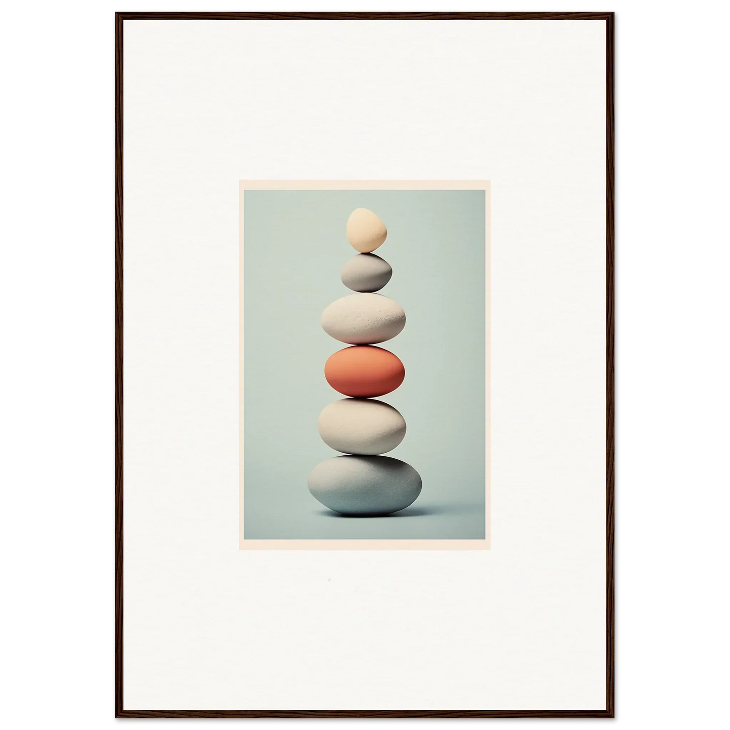 Balanced stone stack with coral stone in Egg Wanders Reverie premium framed wall art