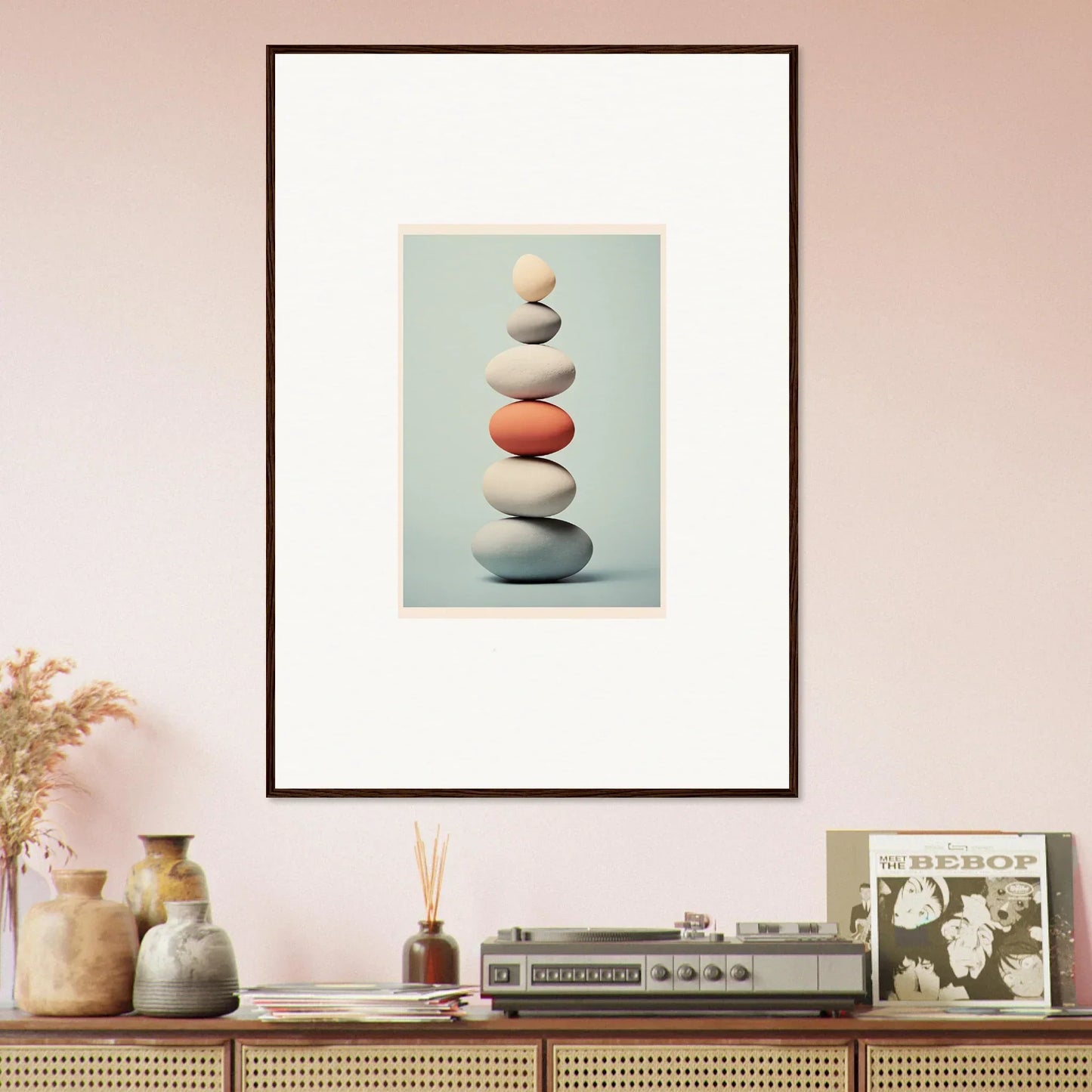 Balanced smooth stones in Egg Wanders Reverie special edition art print