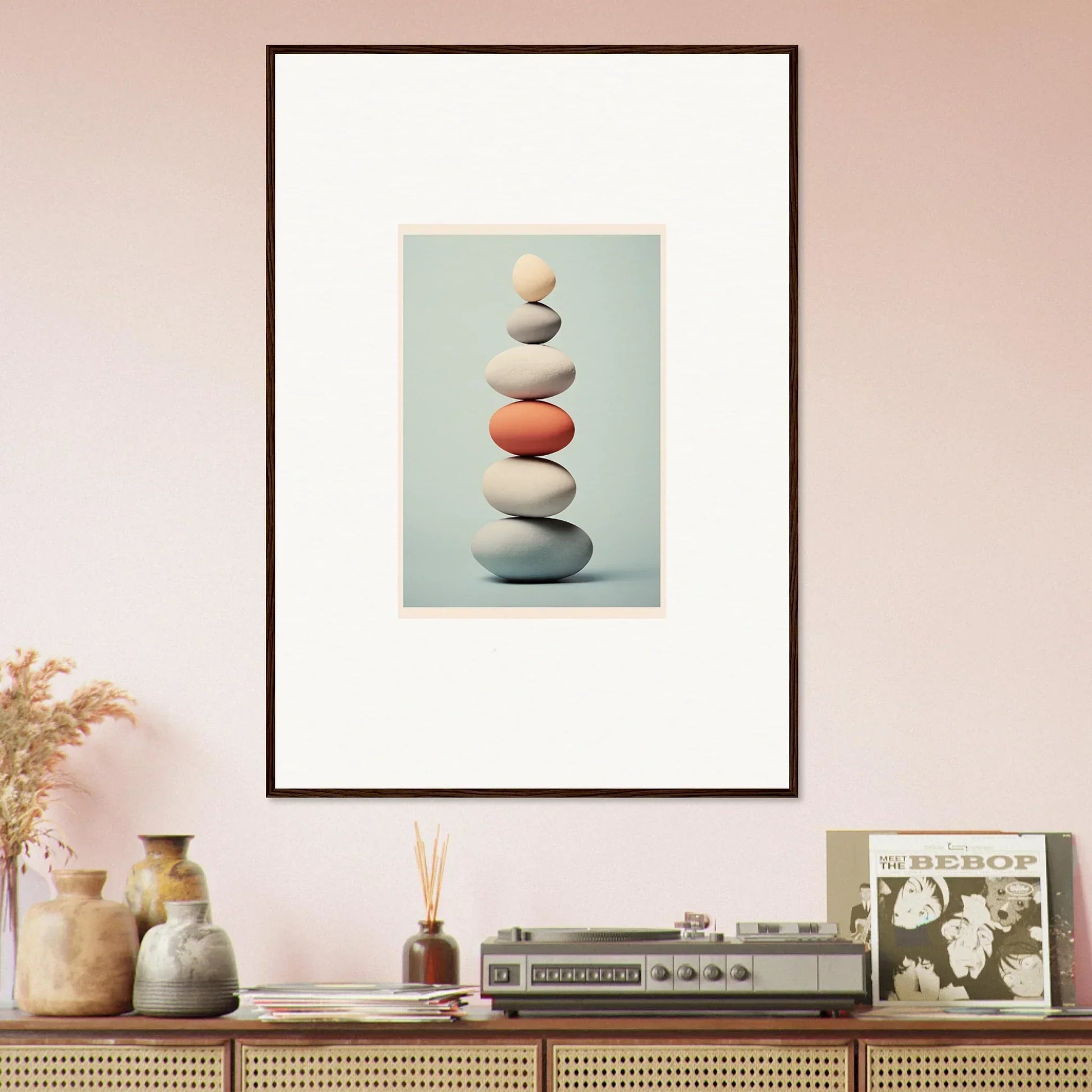 Balanced smooth stones in Egg Wanders Reverie special edition art print