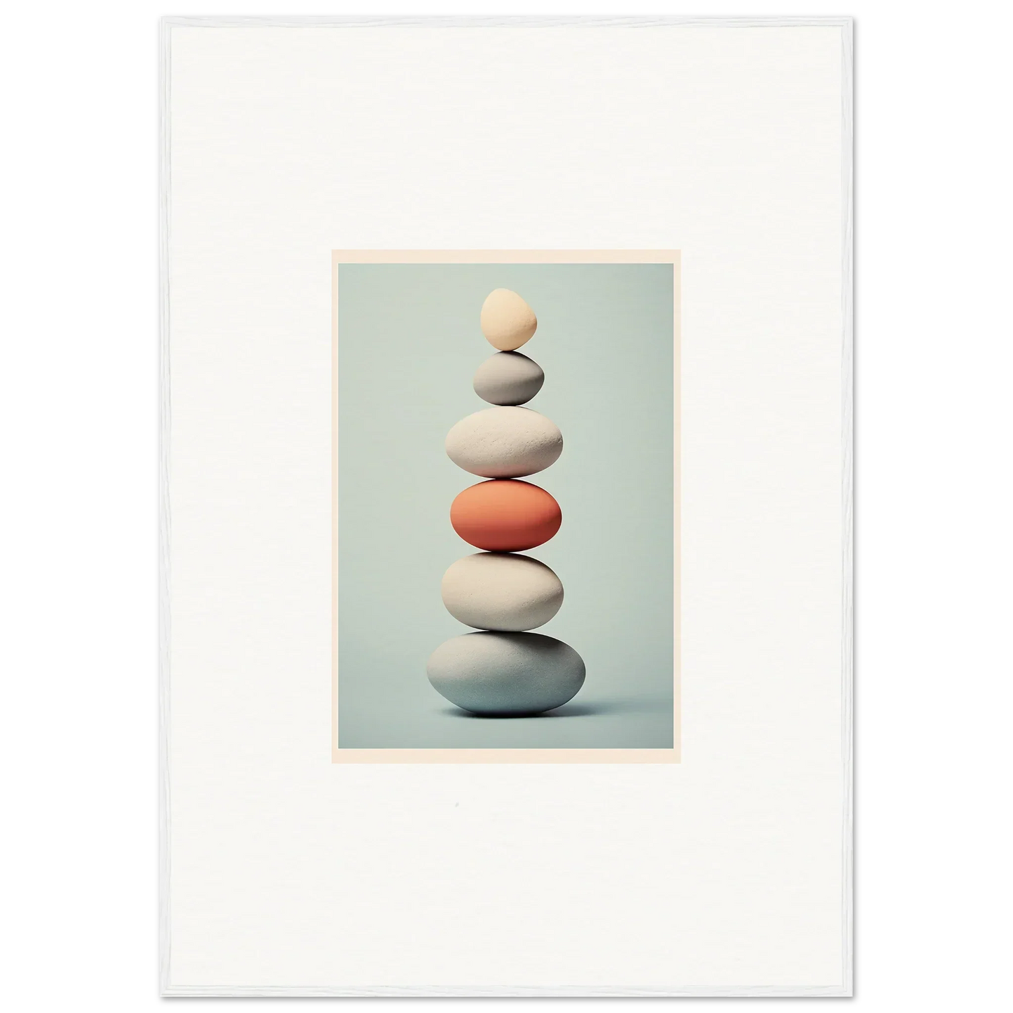 Balanced stones with a pop of orange in the Egg Wanders Reverie special edition art