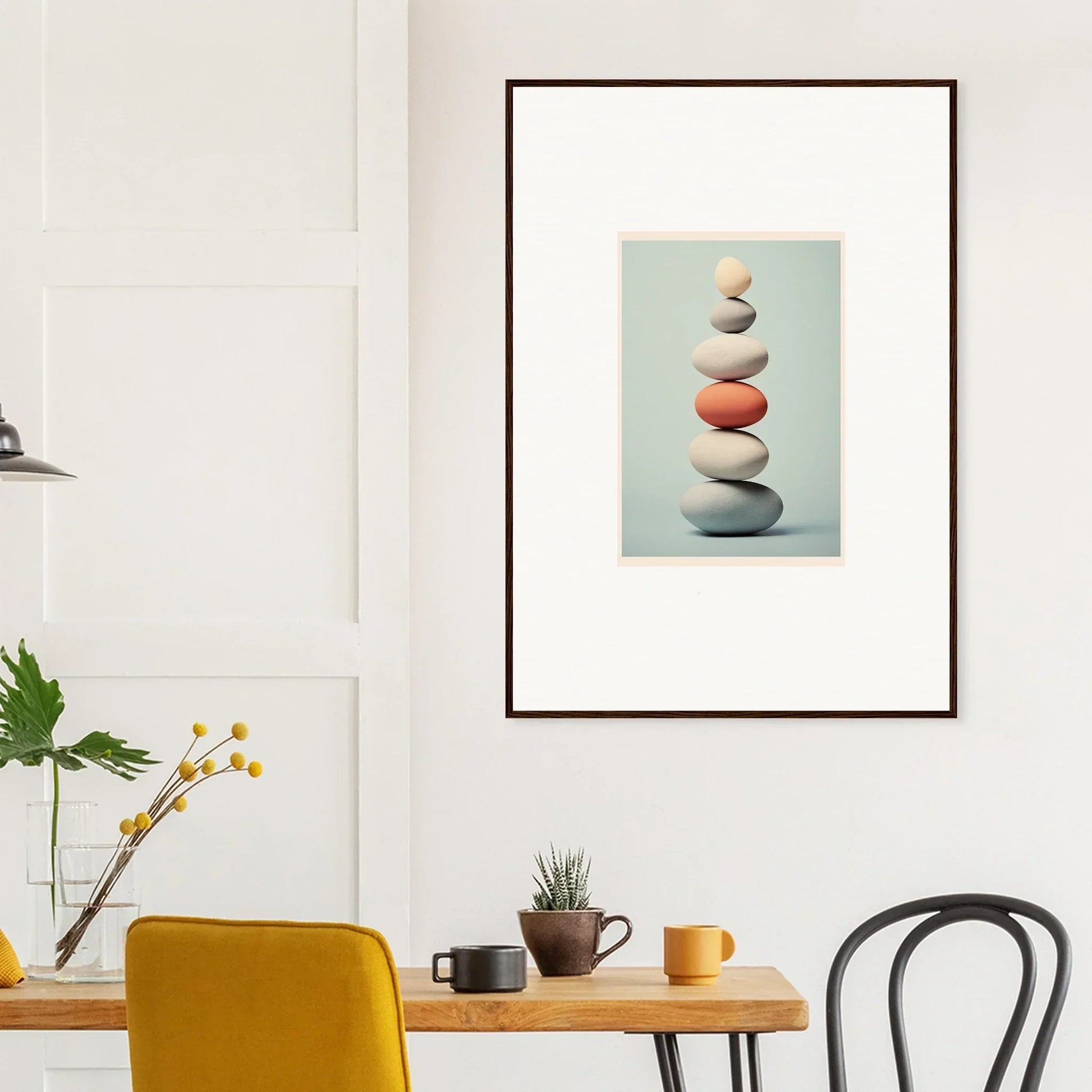 Framed Egg Wanders Reverie art featuring stacked stones and a coral rock centerpiece