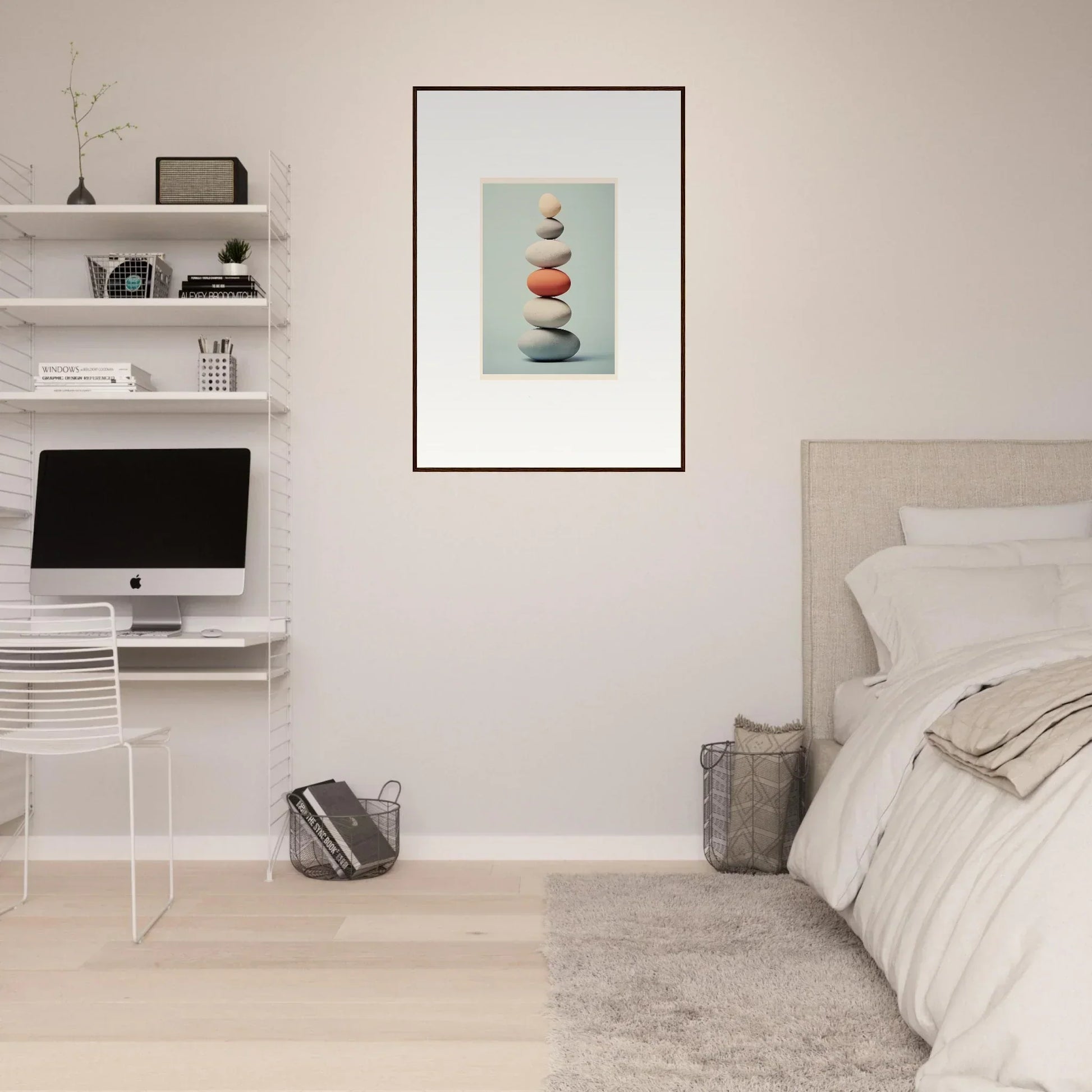Minimalist bedroom with Egg Wanders Reverie and premium framed wall art on shelves
