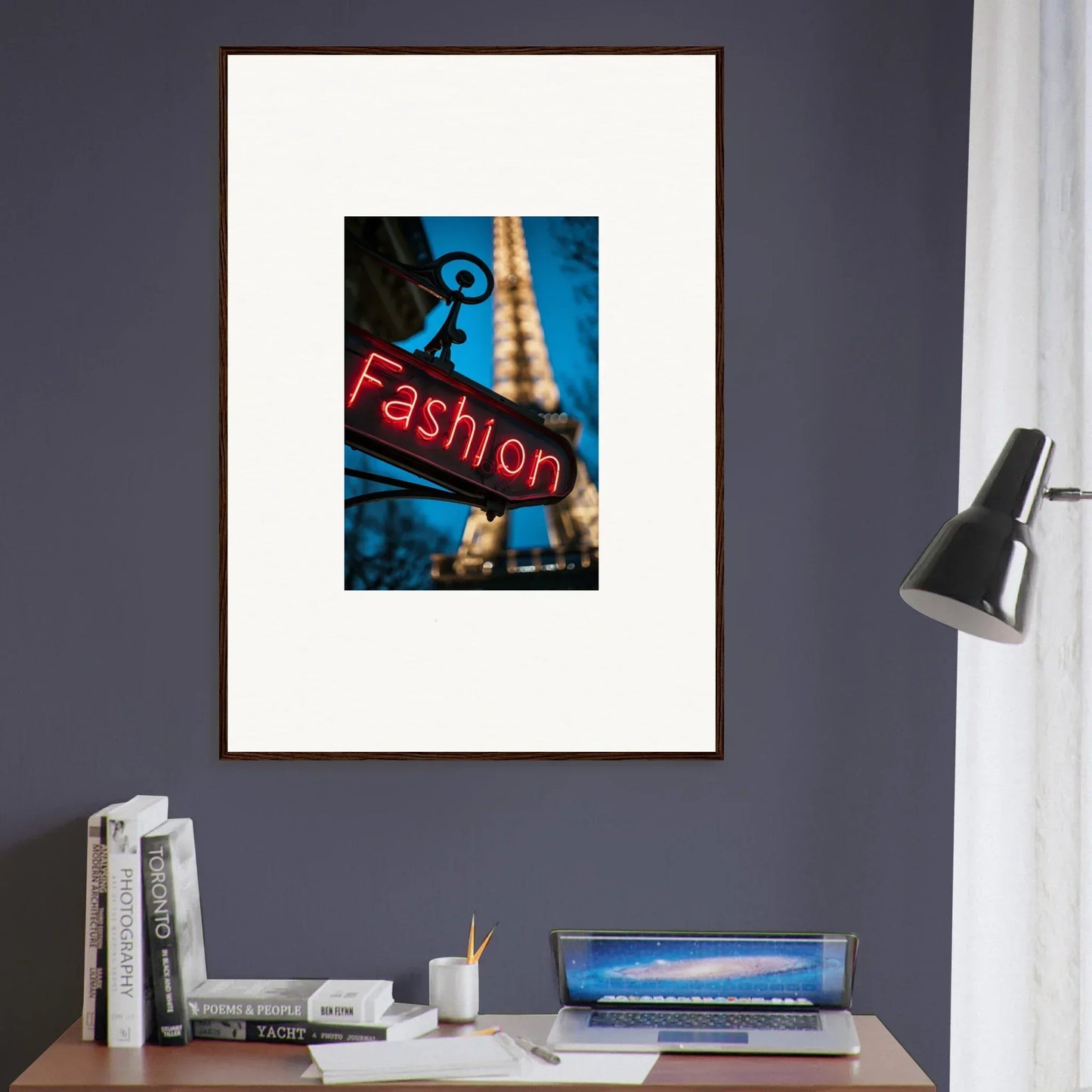 Framed canvas print of a neon Fashion sign with the Eiffel Tower for stylish vanity dreams