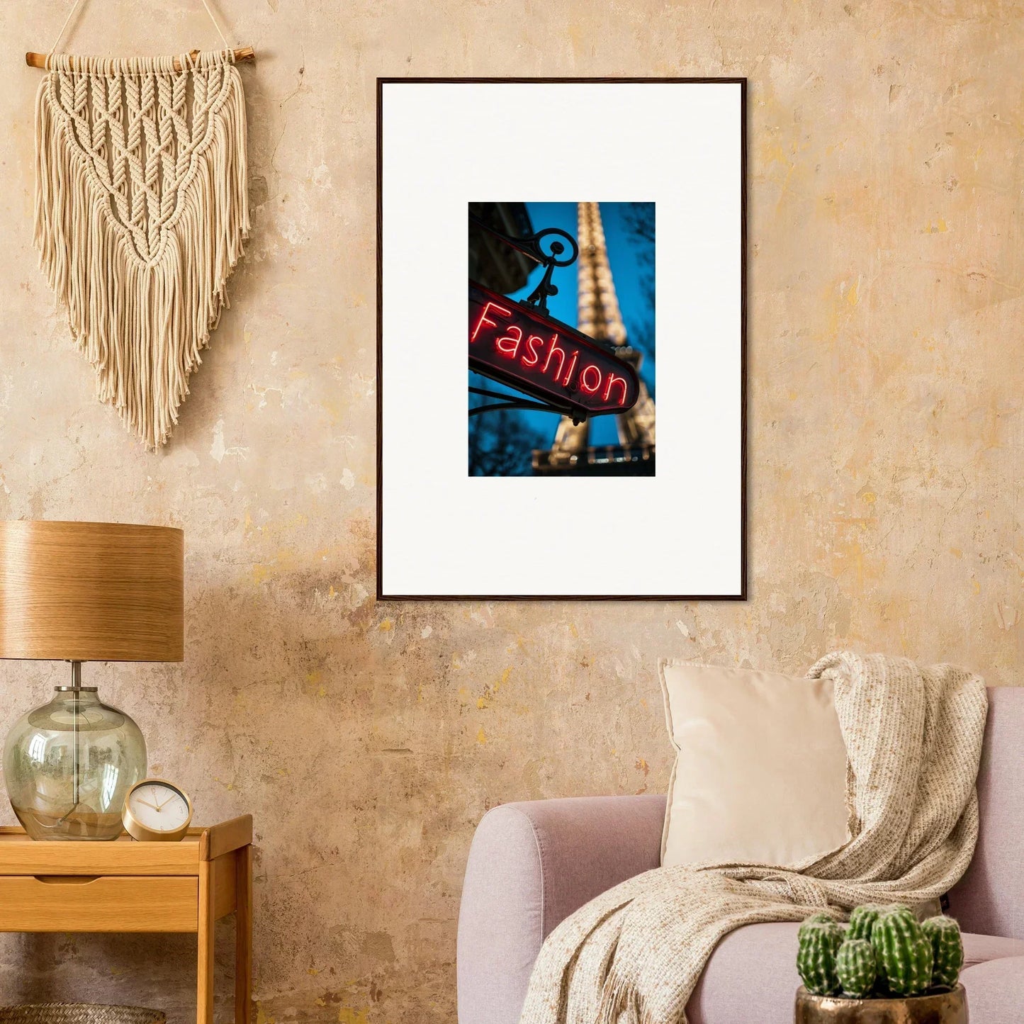 Framed photograph of a neon Fashion sign with the Eiffel Tower for stylish room decoration