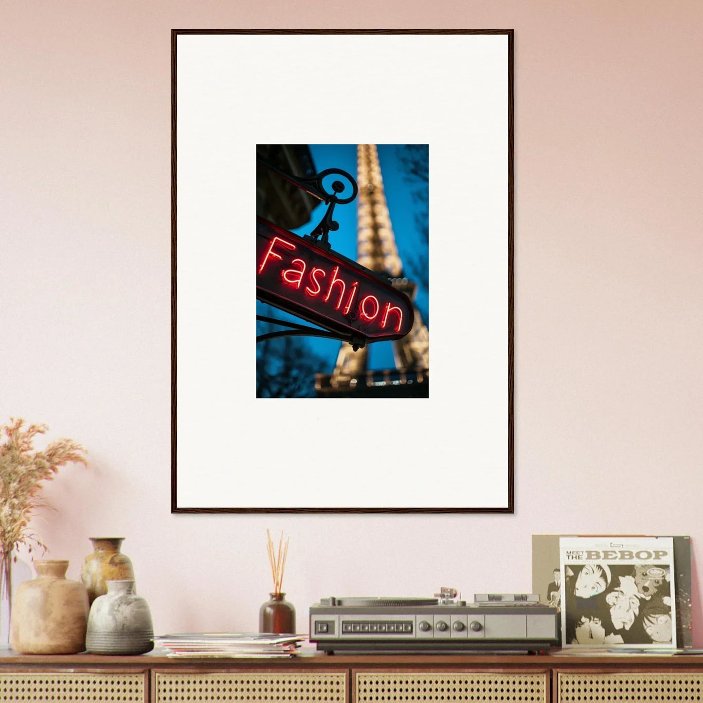Framed canvas print of a neon Fashion sign with the Eiffel Tower for cool vanity dreams