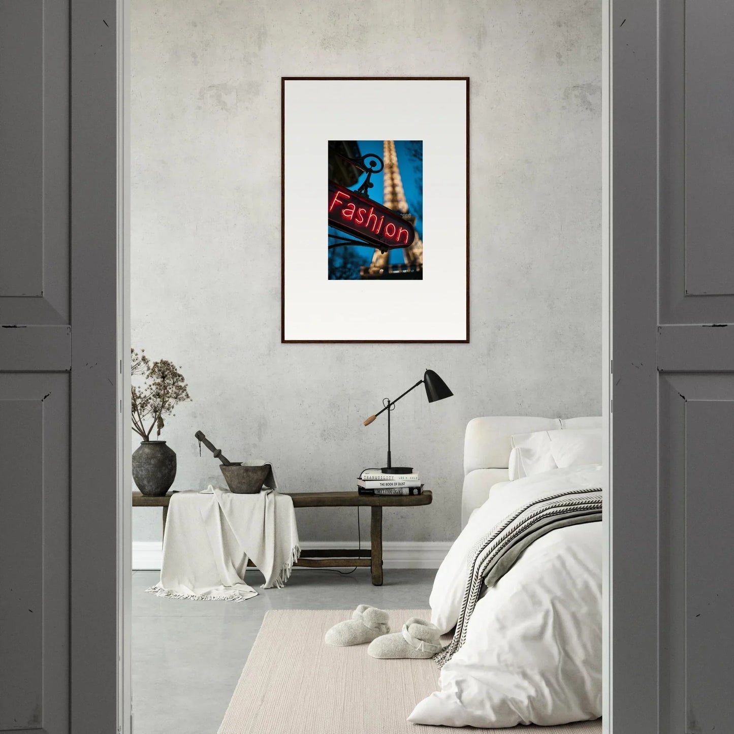 Framed canvas print with Eiffel Tower and fashion text for stylish vanity dreams room decoration