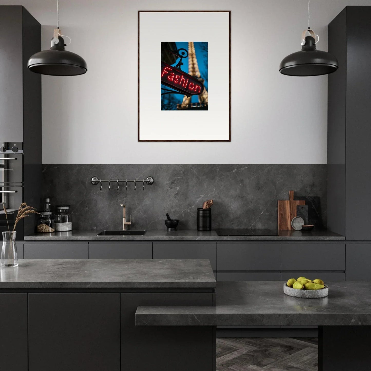 Modern kitchen with dark cabinets, concrete counters, and a vibrant canvas print for vanity dreams