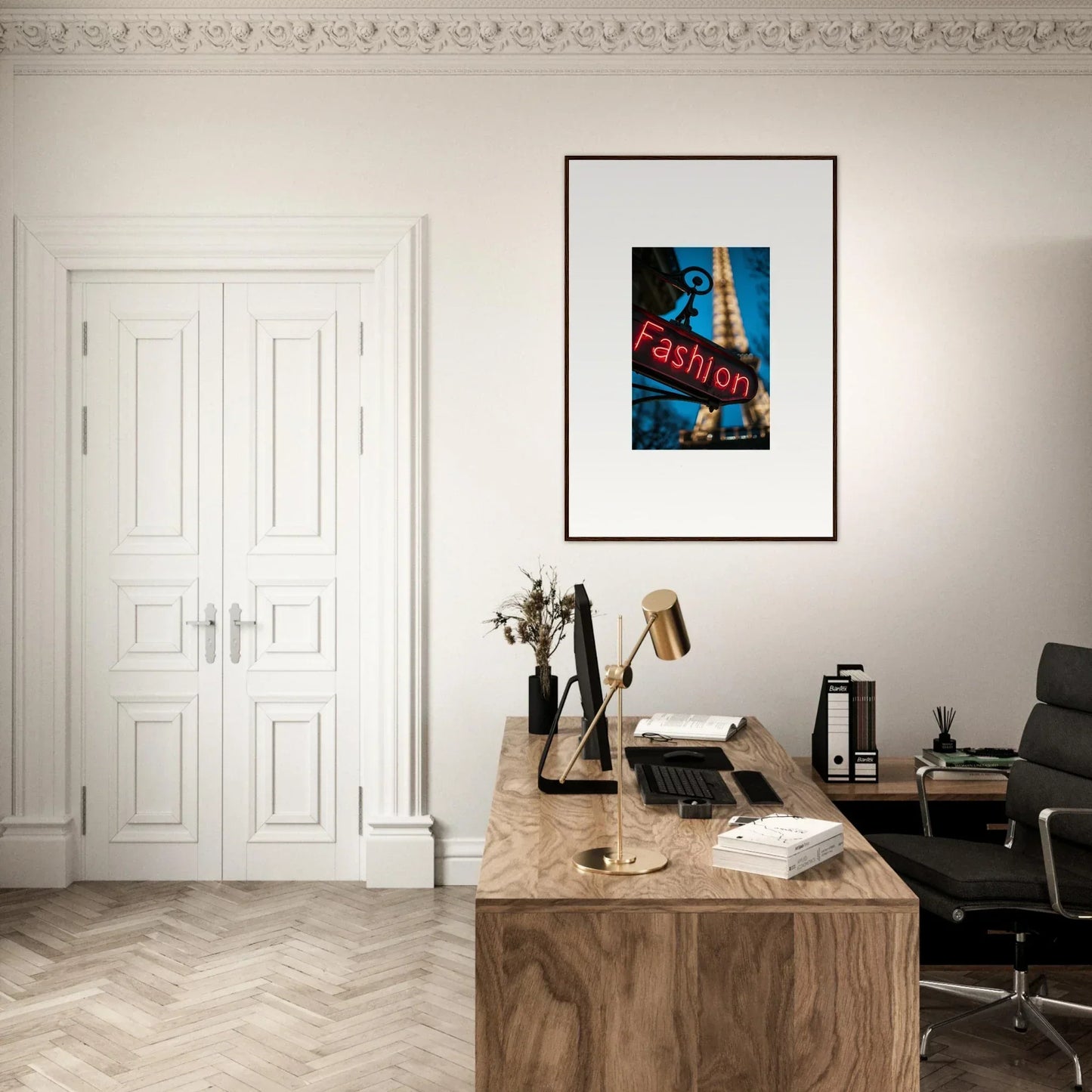 Elegant home office featuring a wooden desk, artwork, and classic doors for vanity dreams