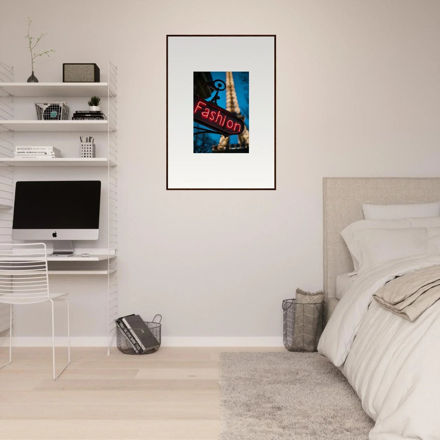 Minimalist bedroom with a colorful Fashion canvas print for stylish room decoration