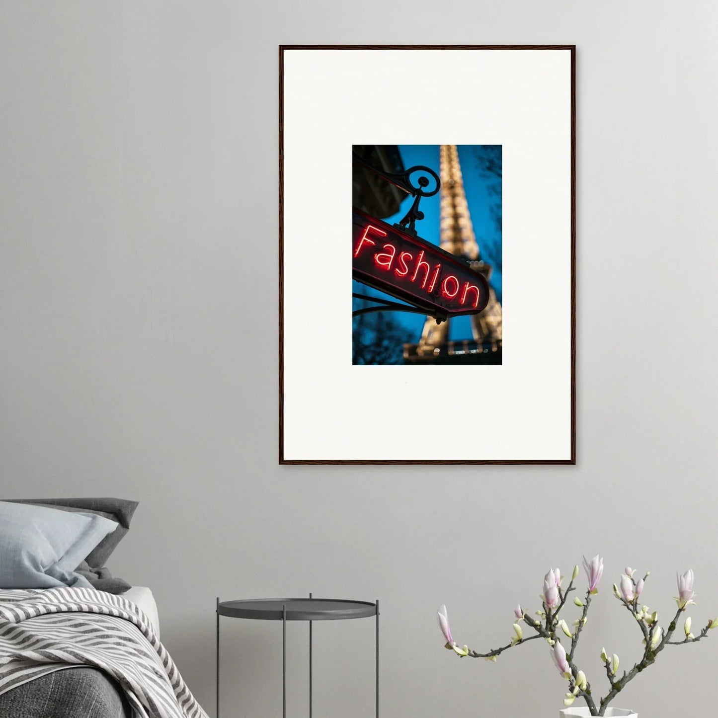 Framed neon Fashion sign against blue sky for trendy room decoration and vanity dreams