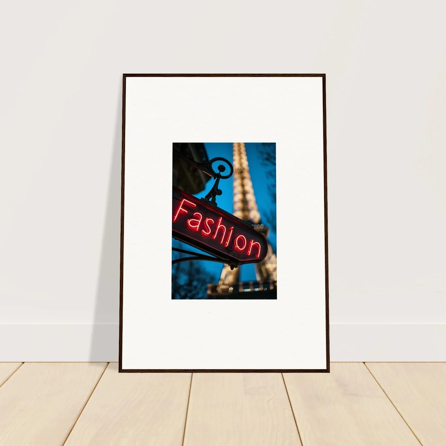 Framed photo of a red neon Fashion sign with the Eiffel Tower for chic room decoration