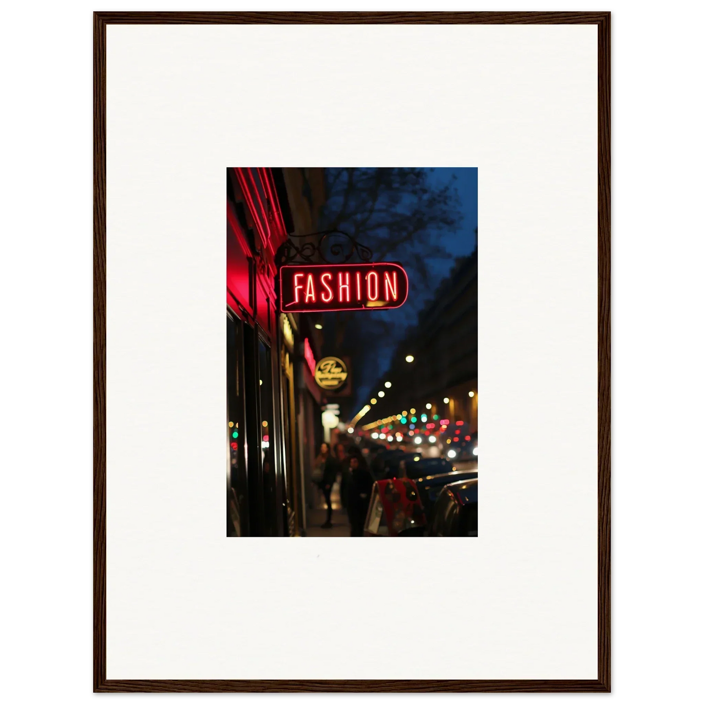 Framed canvas print of illuminated FASHION sign in Electric Midnight Hum for room decoration