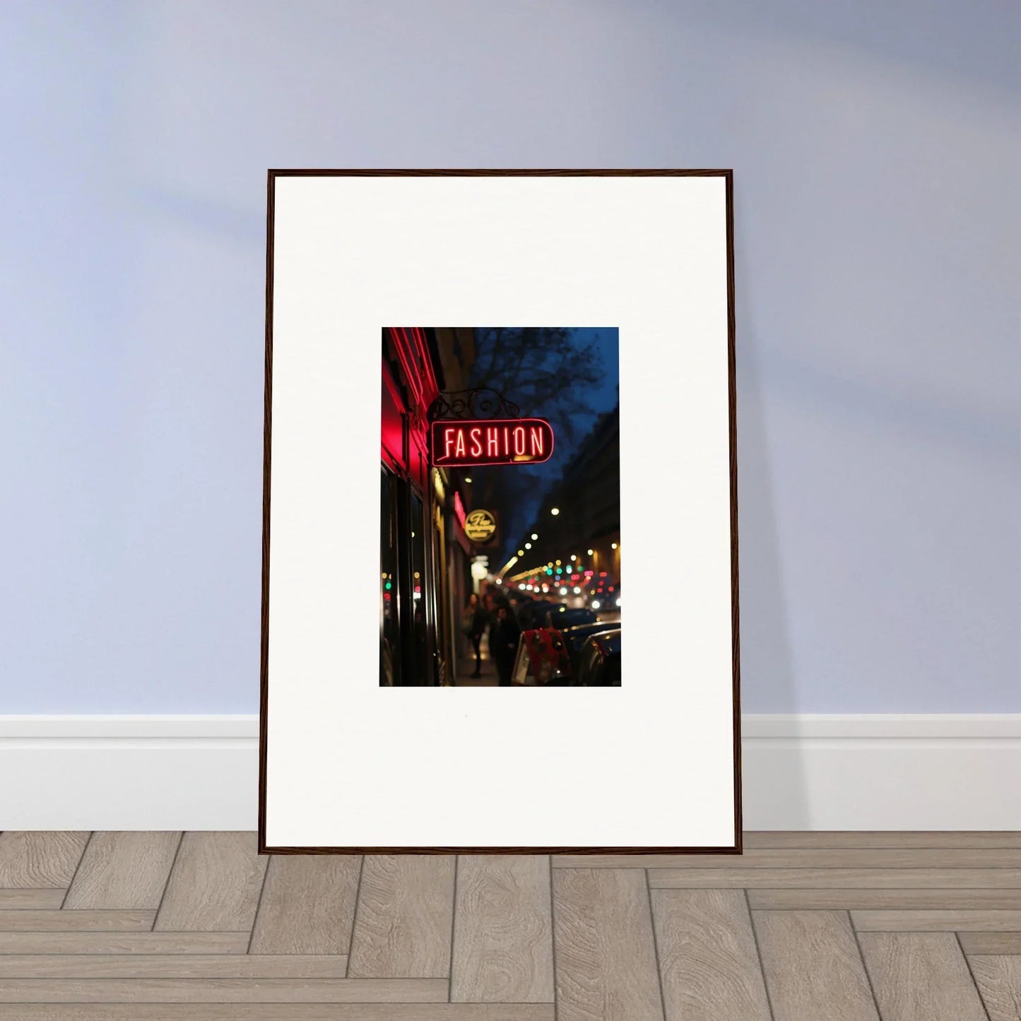 Framed canvas print of a neon FASHION sign for trendy room decoration at midnight hum