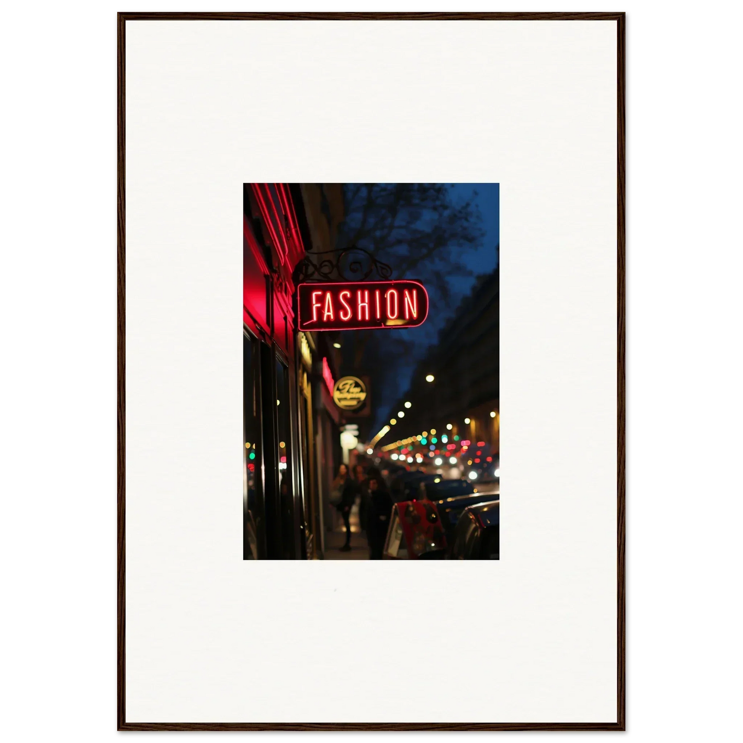 Red neon Fashion sign lights up a building at night for cool room decoration vibes