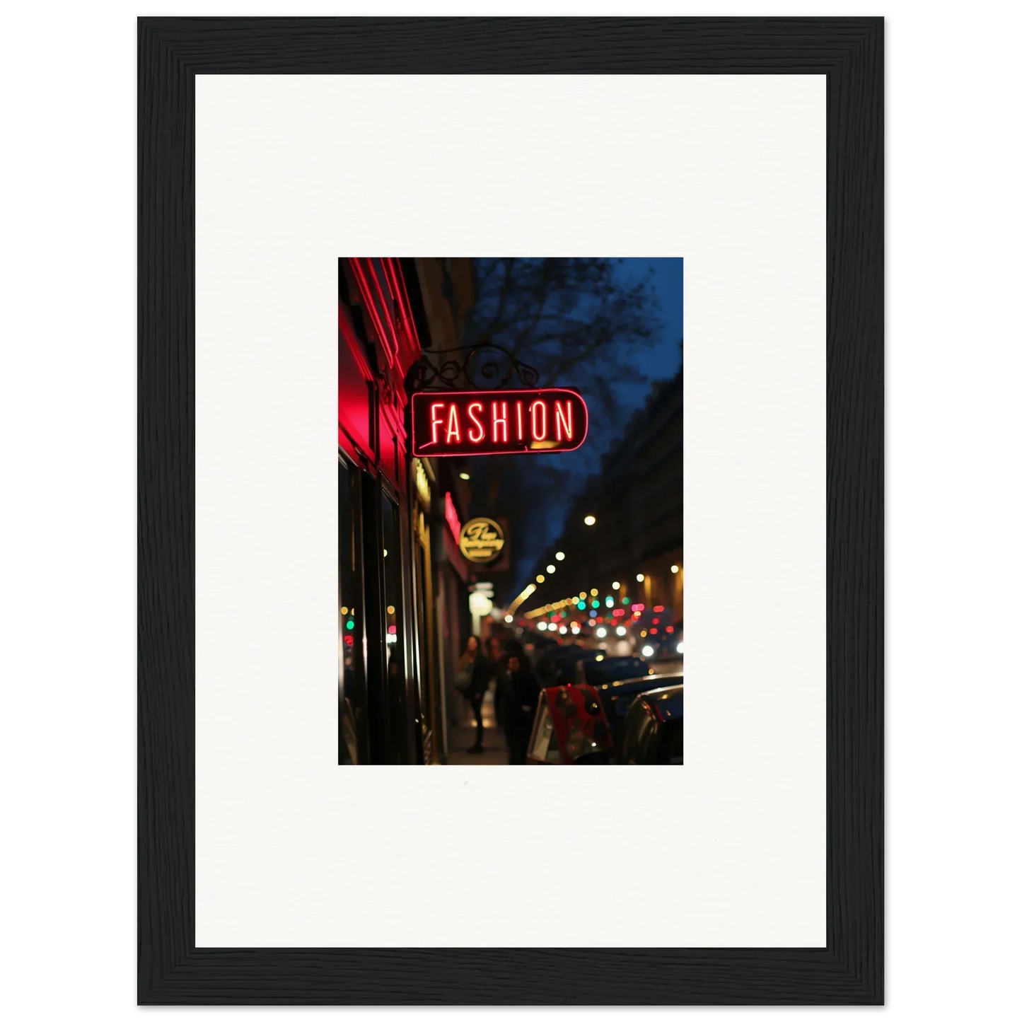 Bright red neon FASHION sign on a building at night for trendy room decoration vibes