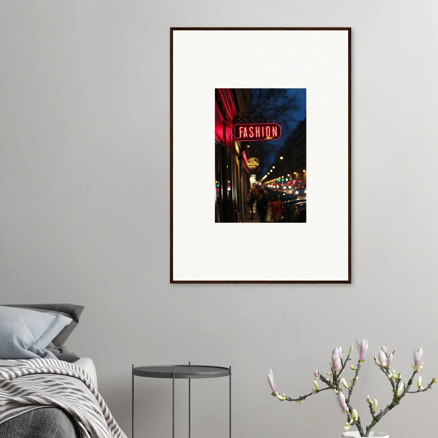 Framed canvas print of a neon fashion sign in a vibrant midnight hum urban scene