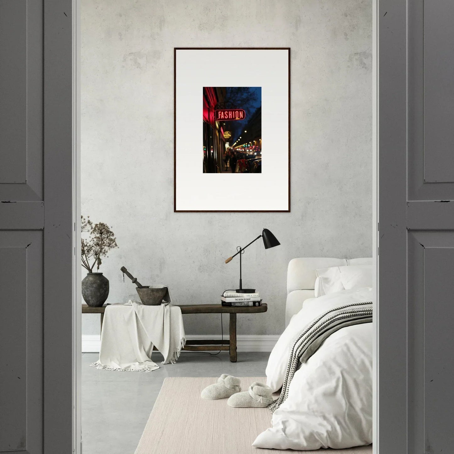 Framed canvas print of Electric Midnight Hum, a vibrant nighttime urban scene for room decoration