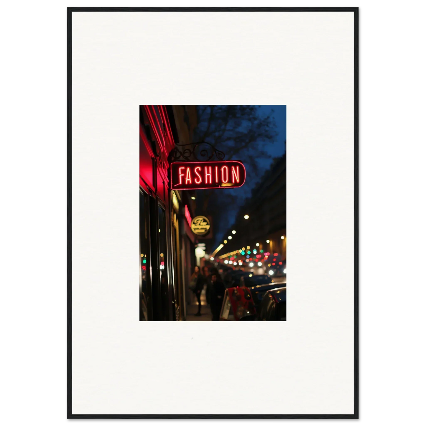 Red neon sign reading FASHION in Electric Midnight Hum canvas print for cool room decoration