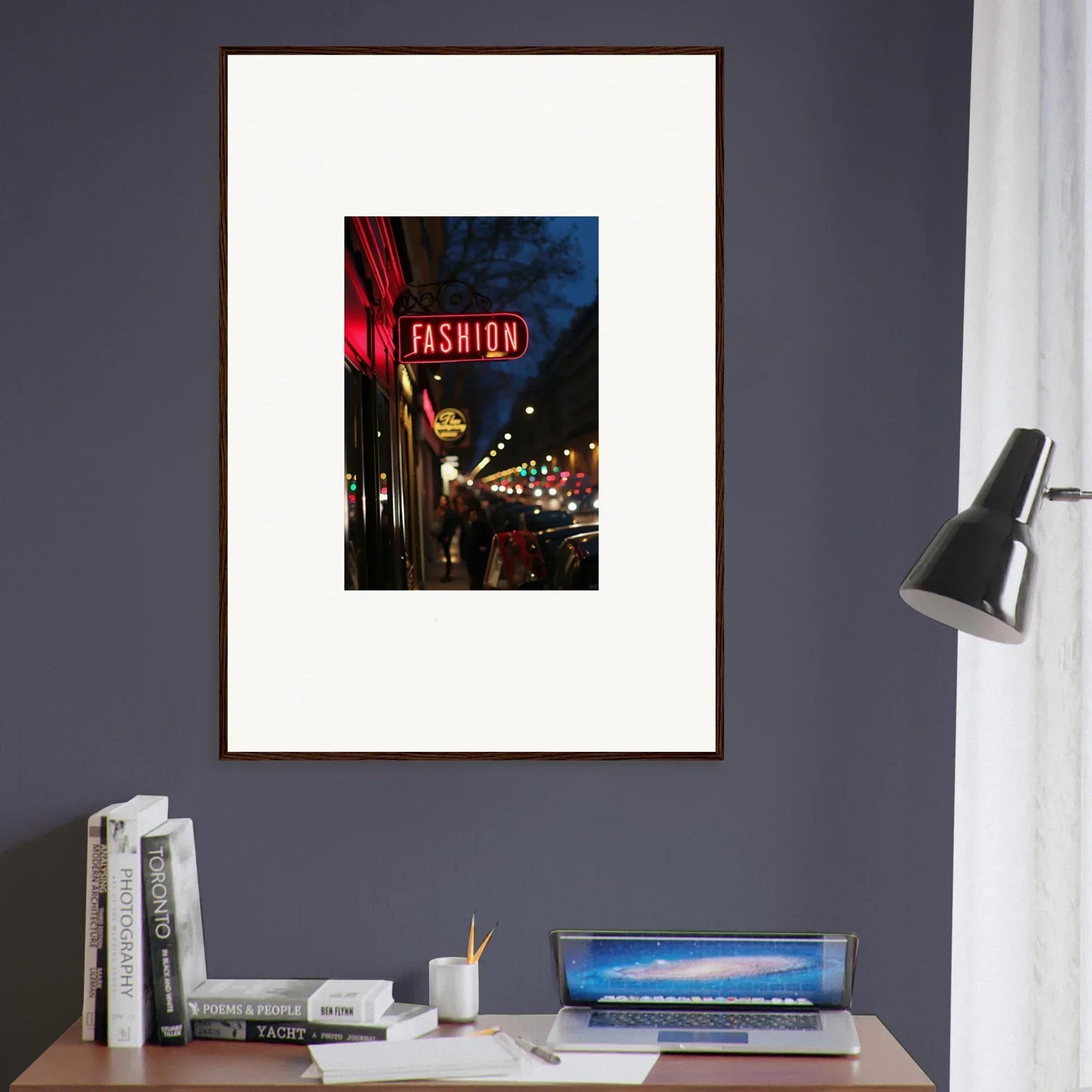 Framed neon FASHION sign on a city street, perfect for midnight hum room decoration