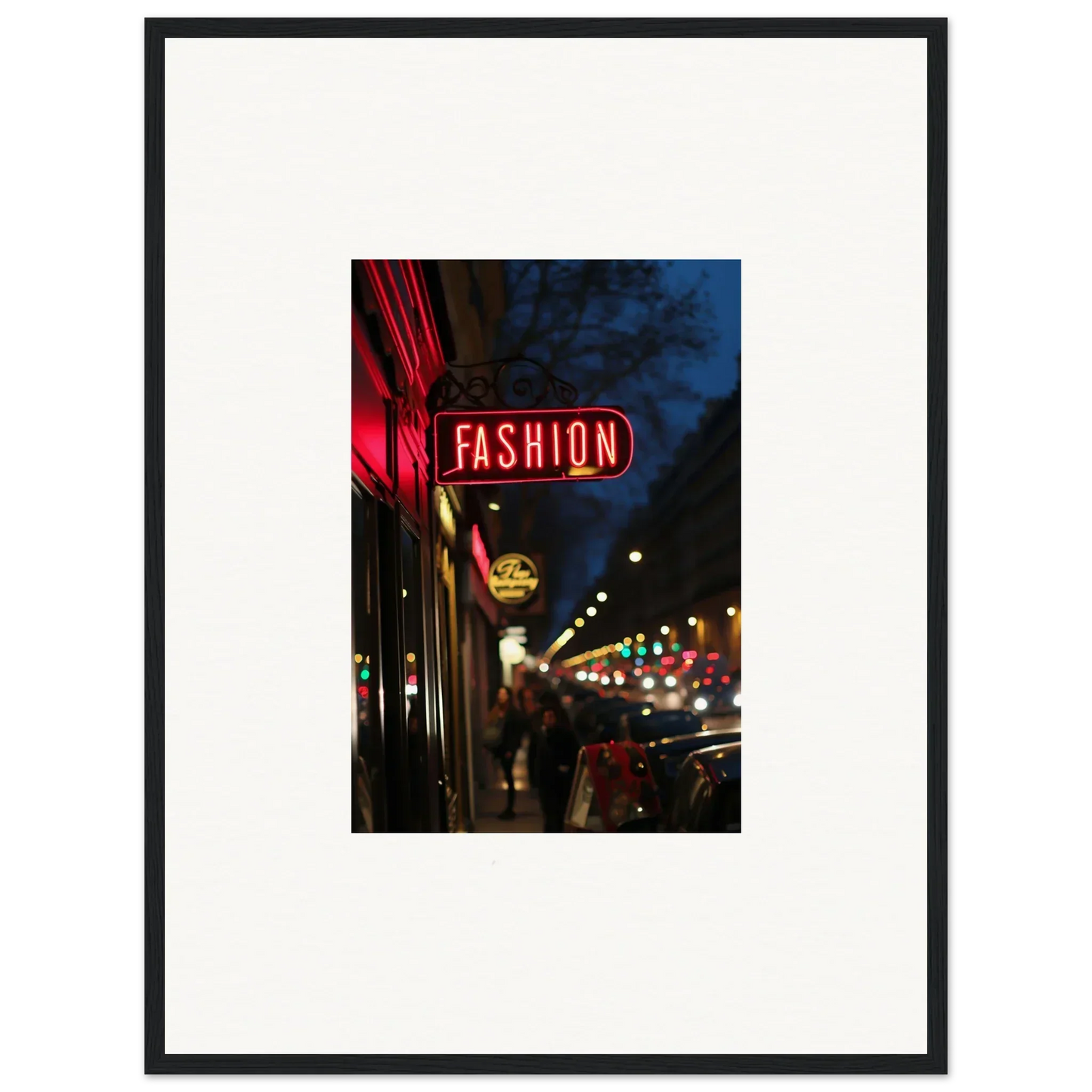 Illuminated red neon FASHION sign on a building for stylish midnight hum room decoration