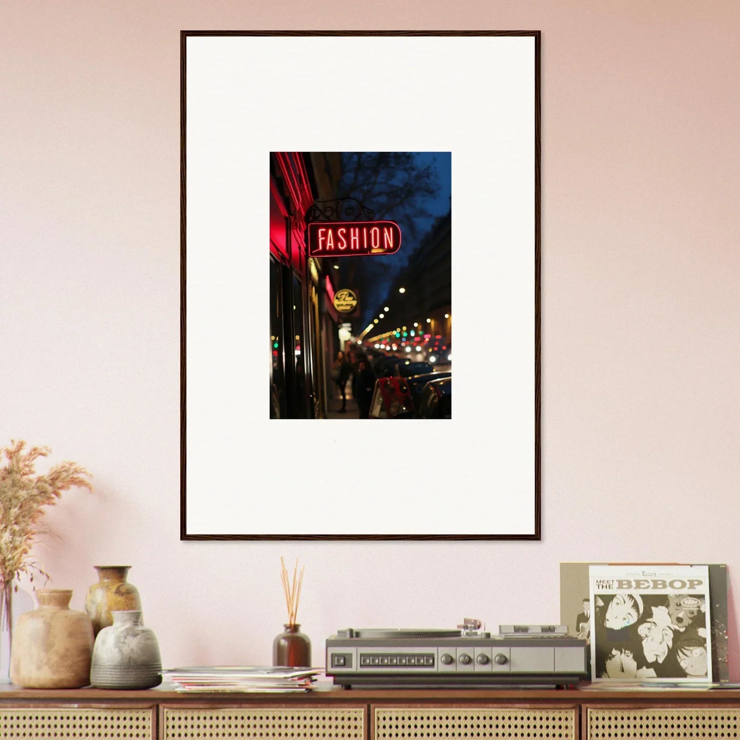 Framed canvas print of a nighttime urban street with a neon FASHION sign for room decoration