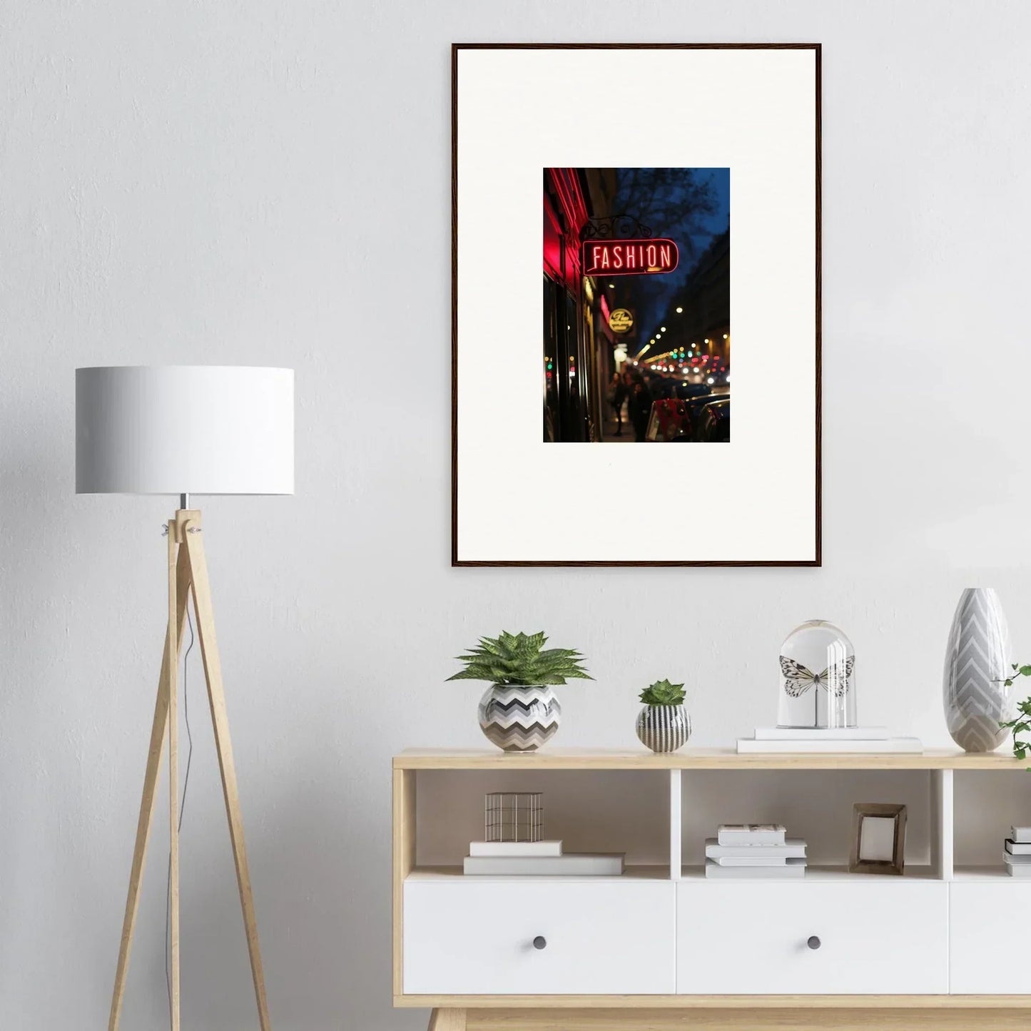 Framed canvas print of a vibrant nighttime street scene with a neon Fashion sign, perfect for room decoration