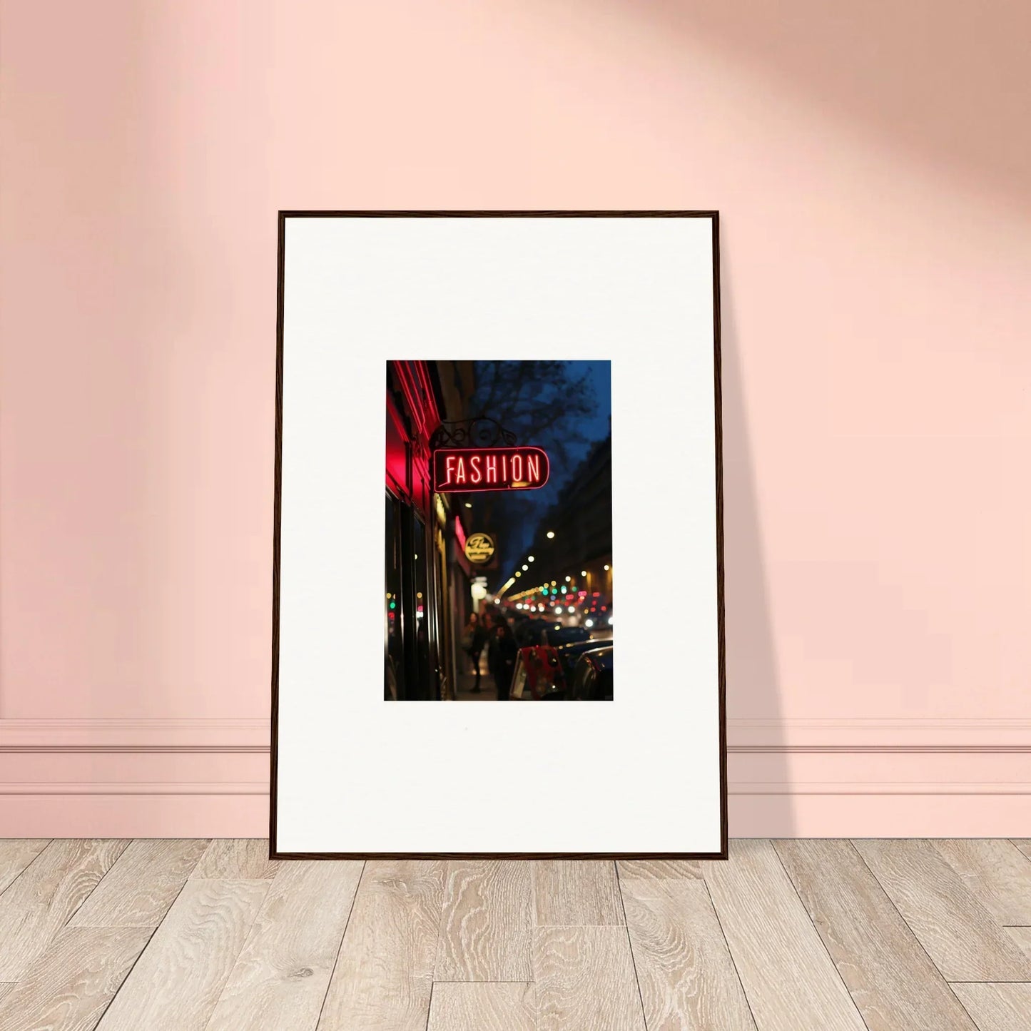 Framed canvas print of a nighttime street scene with a neon FASHION sign for room decoration