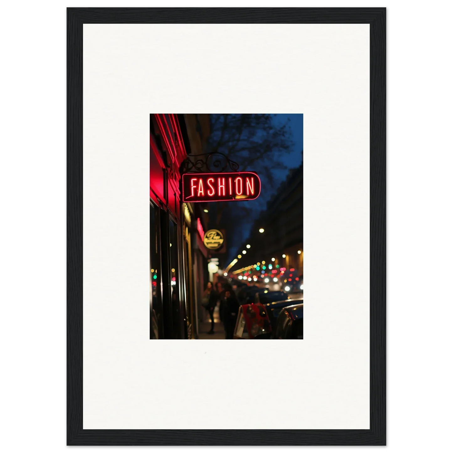 Vibrant red neon ’FASHION’ sign on a building, perfect for midnight hum room decoration