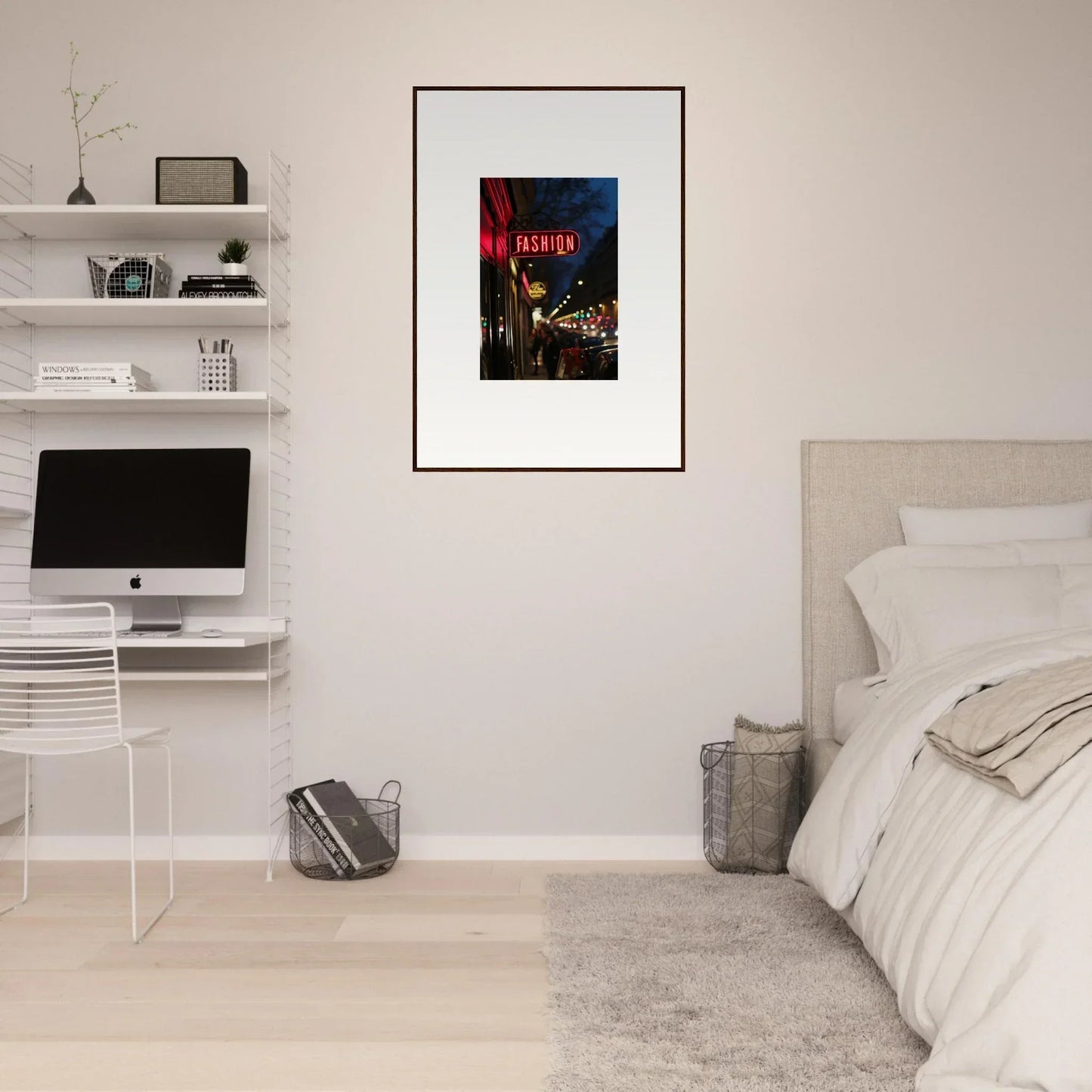 Framed canvas print of Electric Midnight Hum, a neon-lit cityscape for room decoration