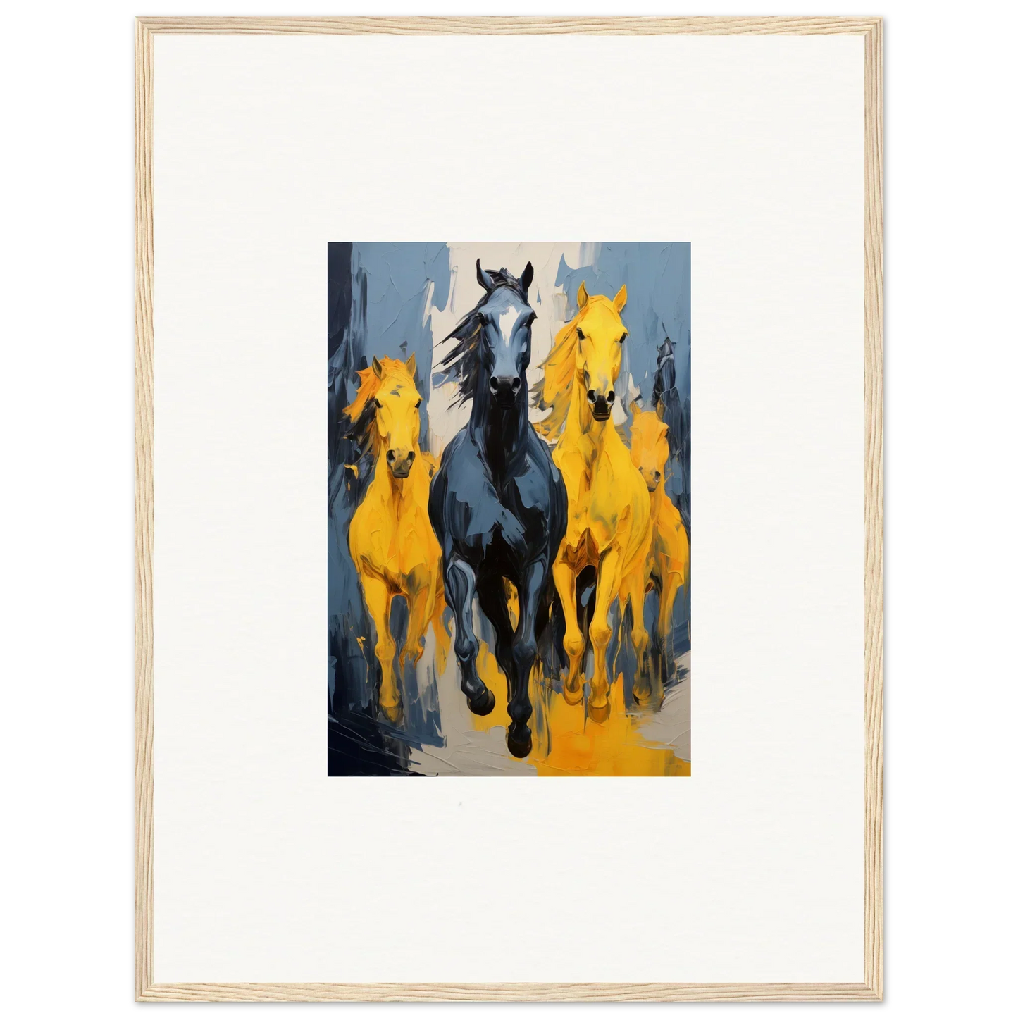 Framed wall art of mustsers stampede with a black horse and yellow horses running