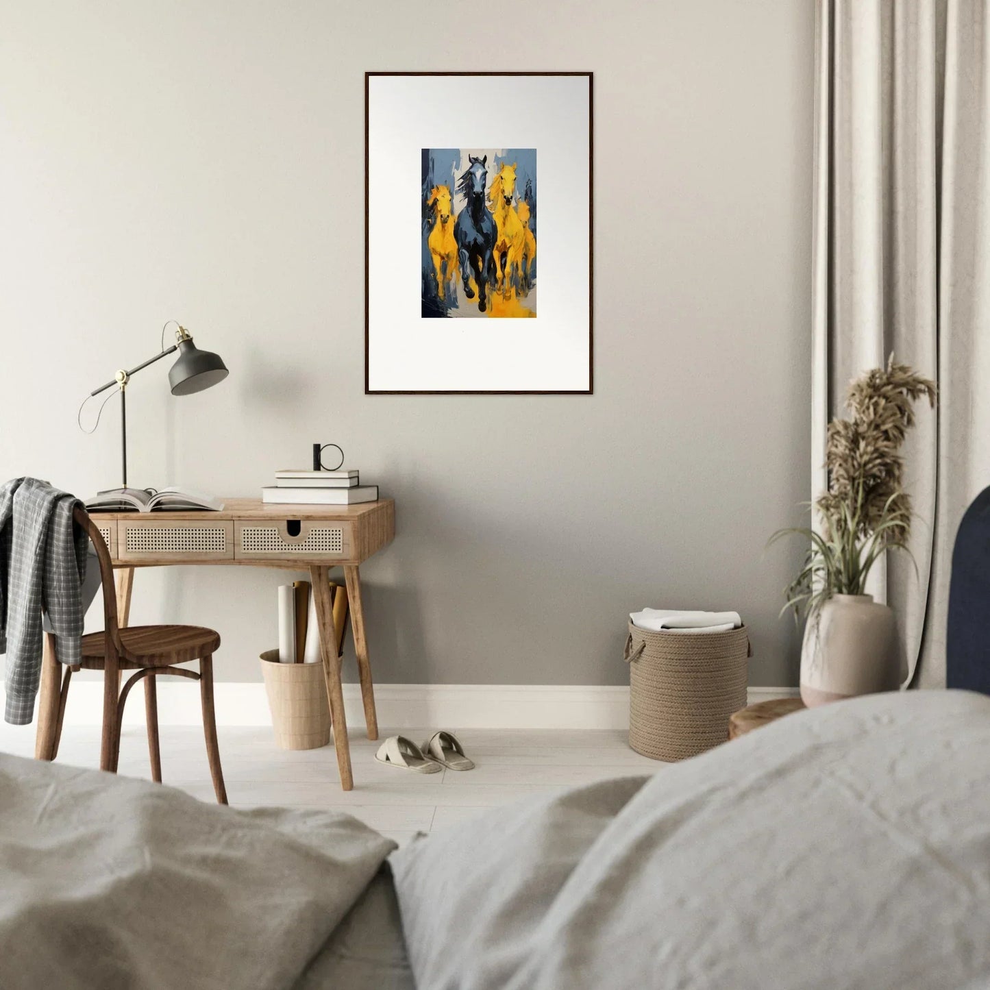 Framed wall art of colorful horses in Mustsers Stampede for vibrant room decor