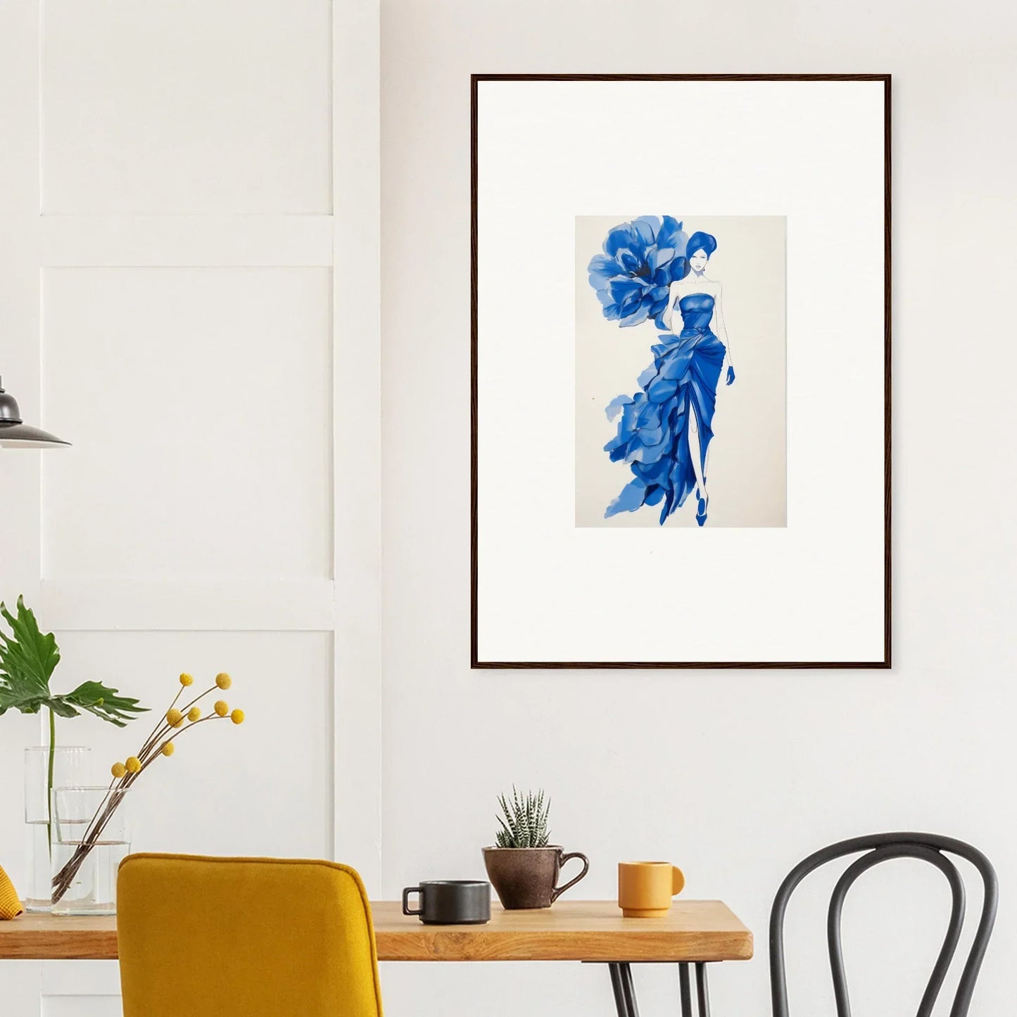Framed wall art of Electrified Coraline Bloom with an abstract flowing figure in blue