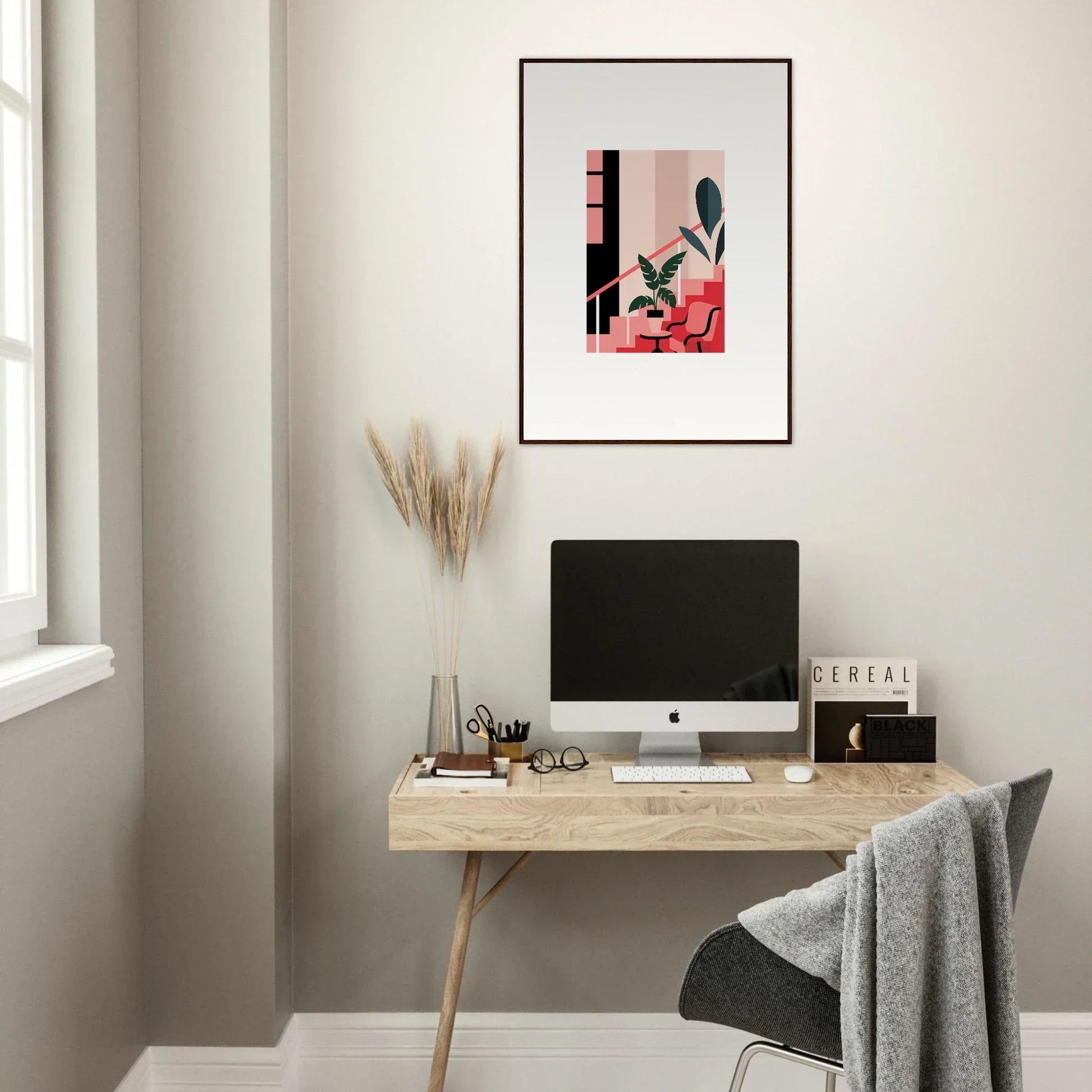 Minimalist home office with wooden desk, computer, and Daydream Expression canvas print