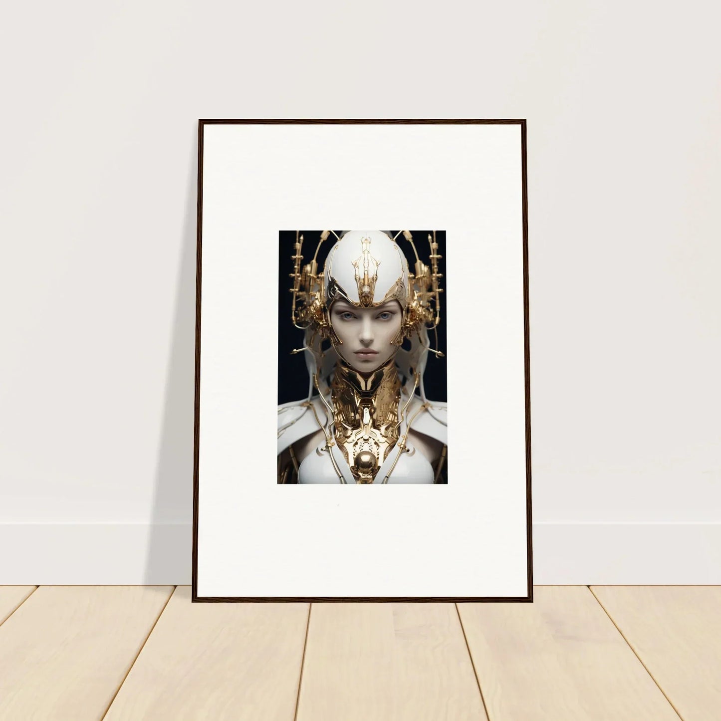 Surreal canvas print with a golden figure and wolf, perfect for halcyon existence room decoration