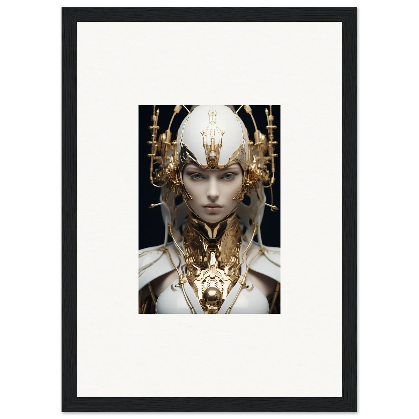 Framed canvas print of a futuristic humanoid with headdress, perfect for halcyon existence room decoration