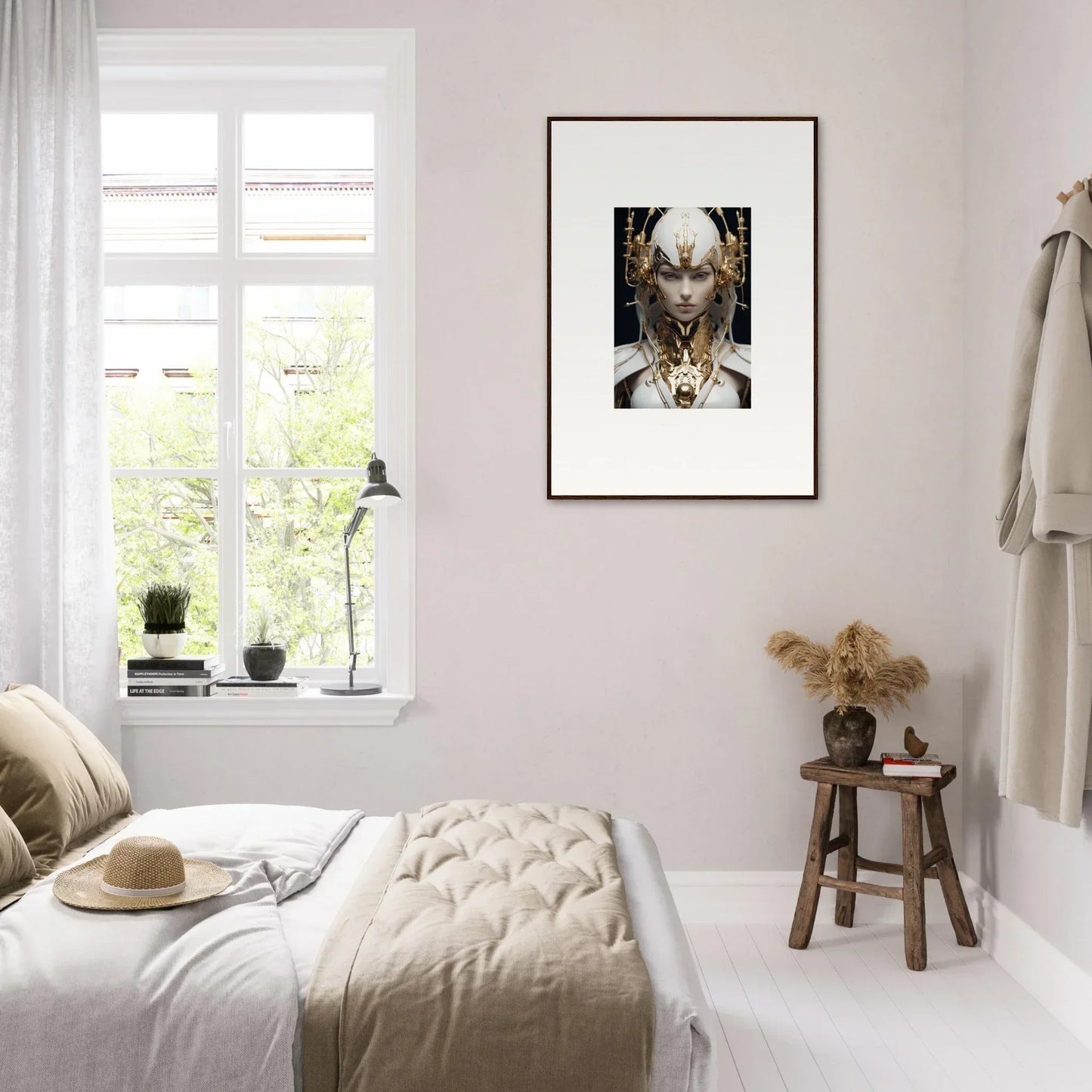 Framed portrait of a person with long white hair for stylish room decoration