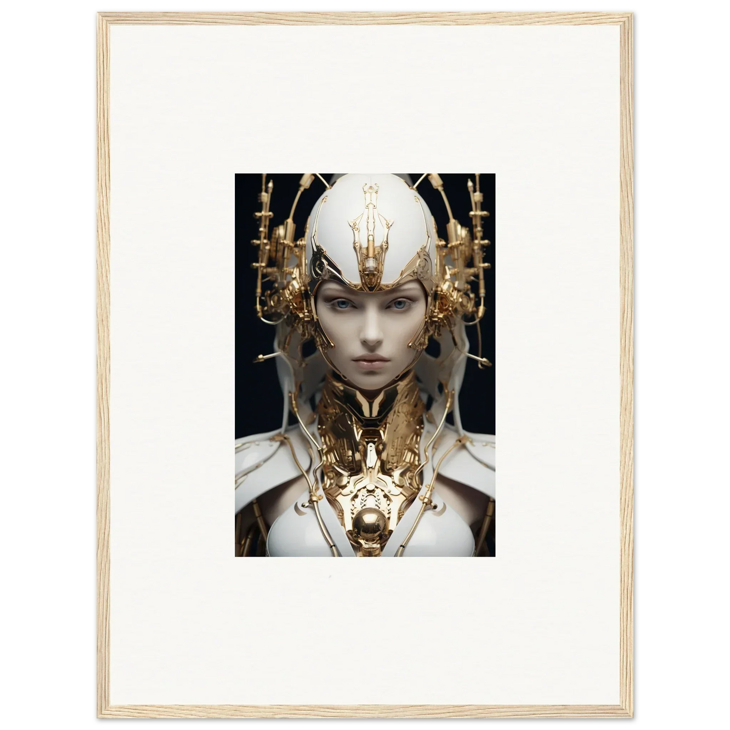 Futuristic humanoid with golden headdress, perfect for Halcyon Existence room decoration canvas print