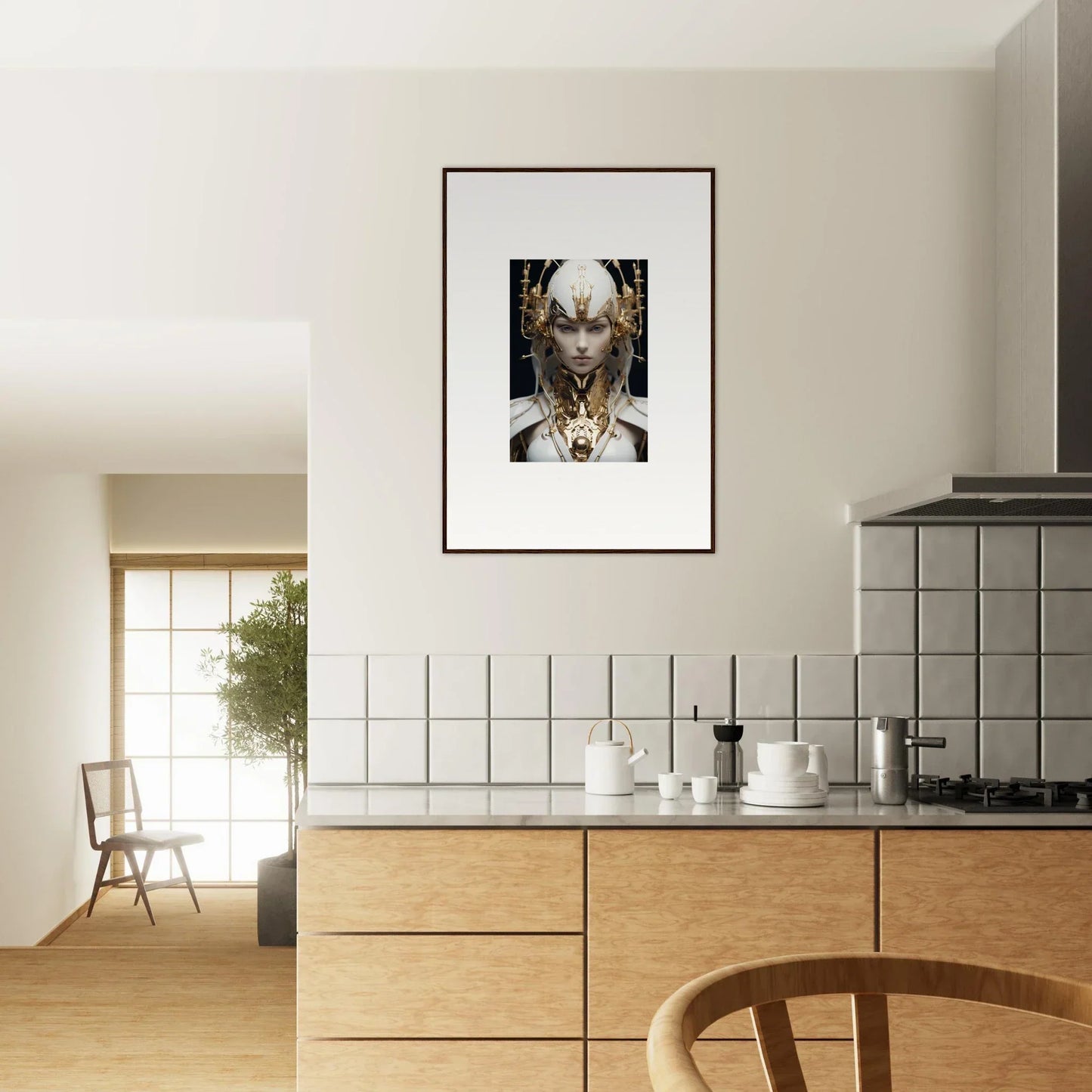 Framed canvas print of a person in golden jewelry, perfect for halcyon existence room decoration
