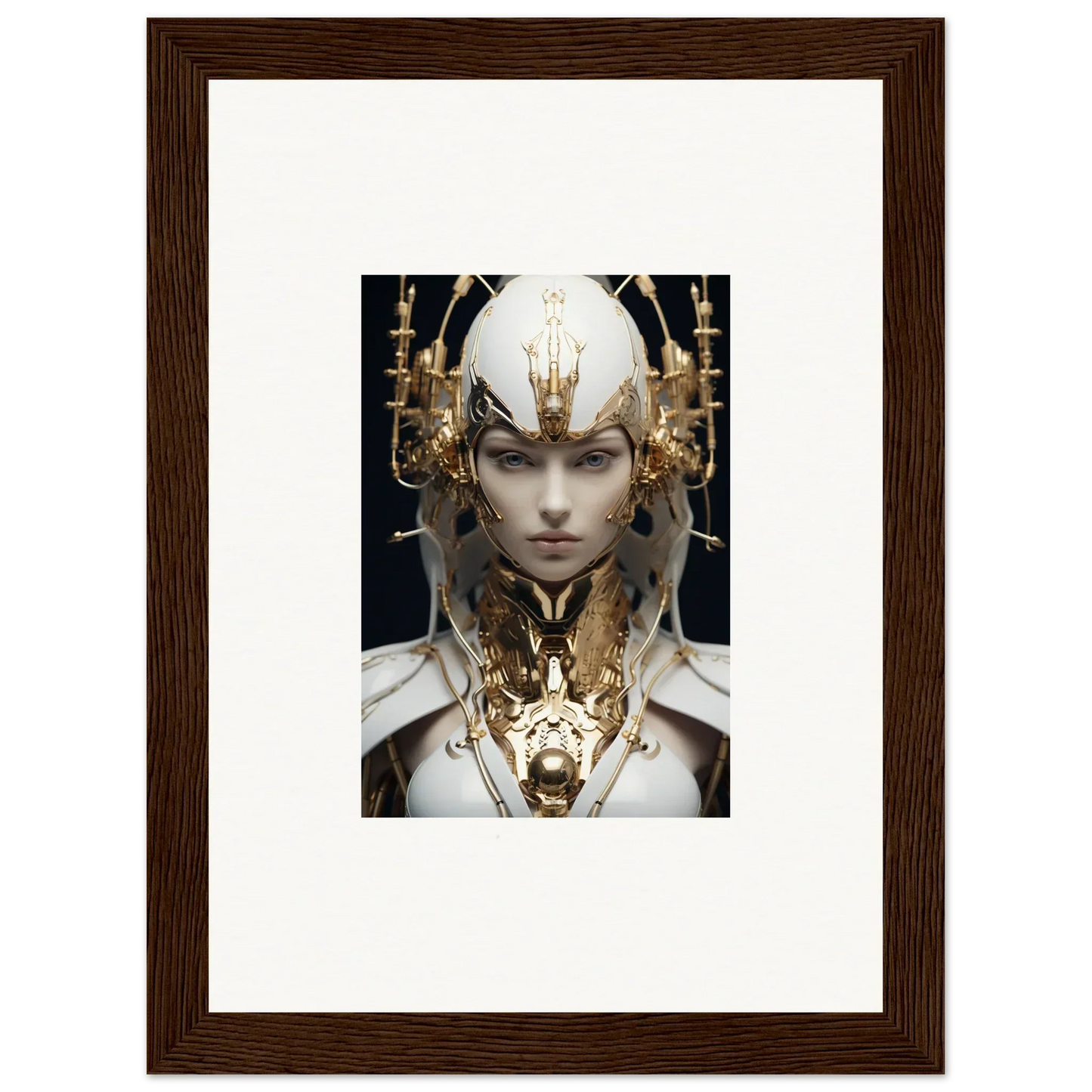 Surreal portrait with golden headdress and cybernetic details for halcyon existence room decoration