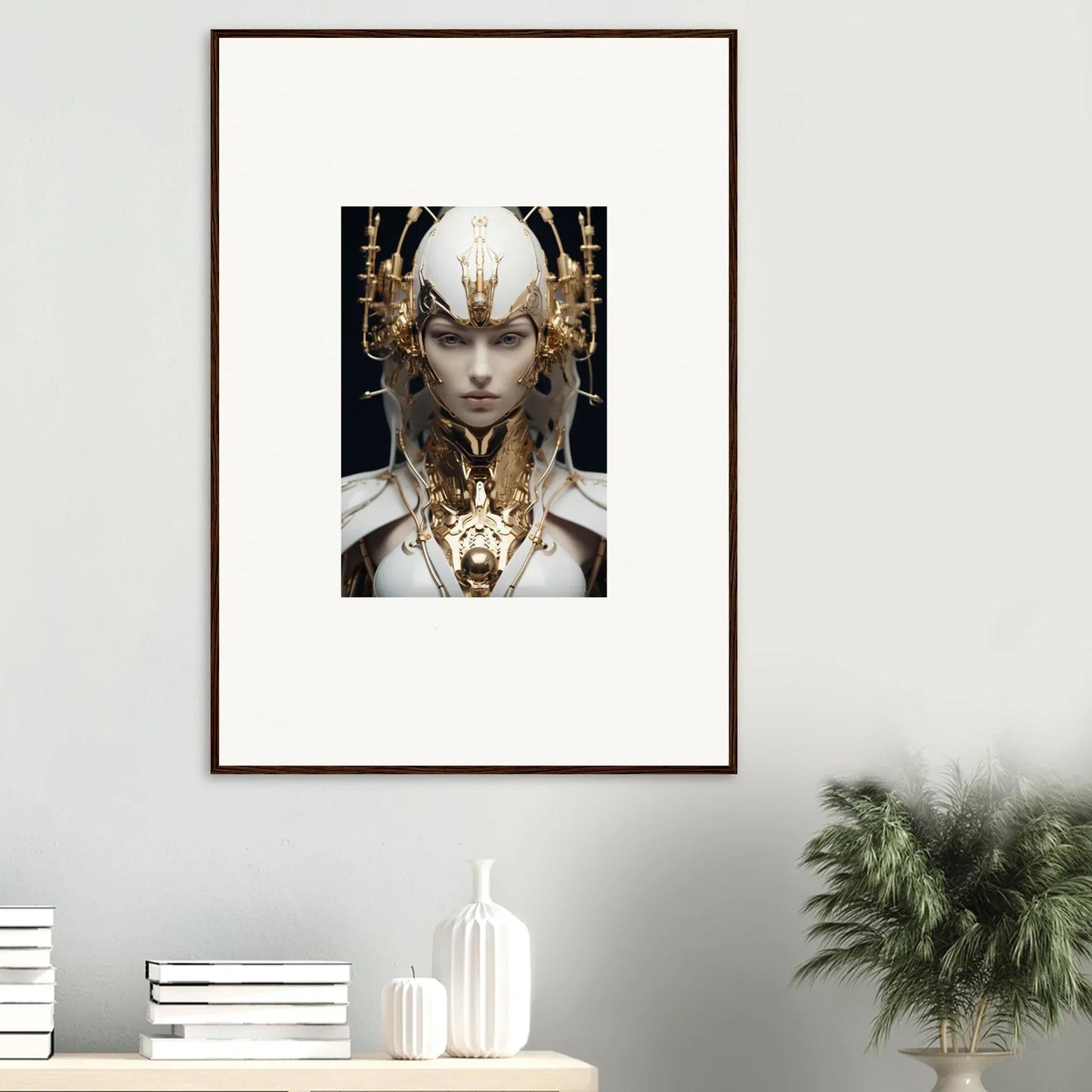 Framed canvas print of a cybernetic humanoid showcasing halcyon existence for cool room decoration