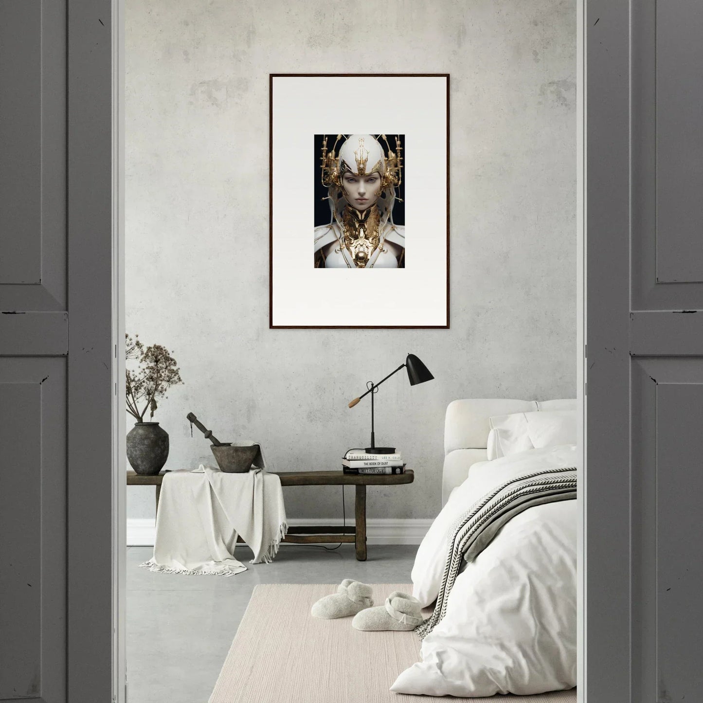 Framed canvas print of a surreal figure with animal elements for unique room decoration