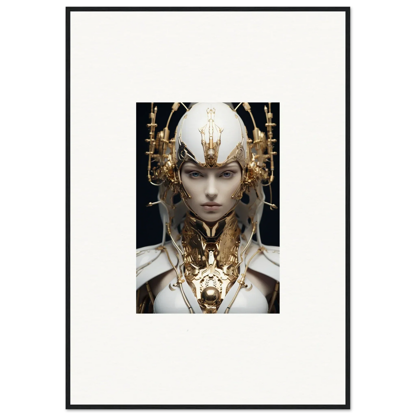 Futuristic portrait with golden headdress, perfect for Halcyon Existence room decoration